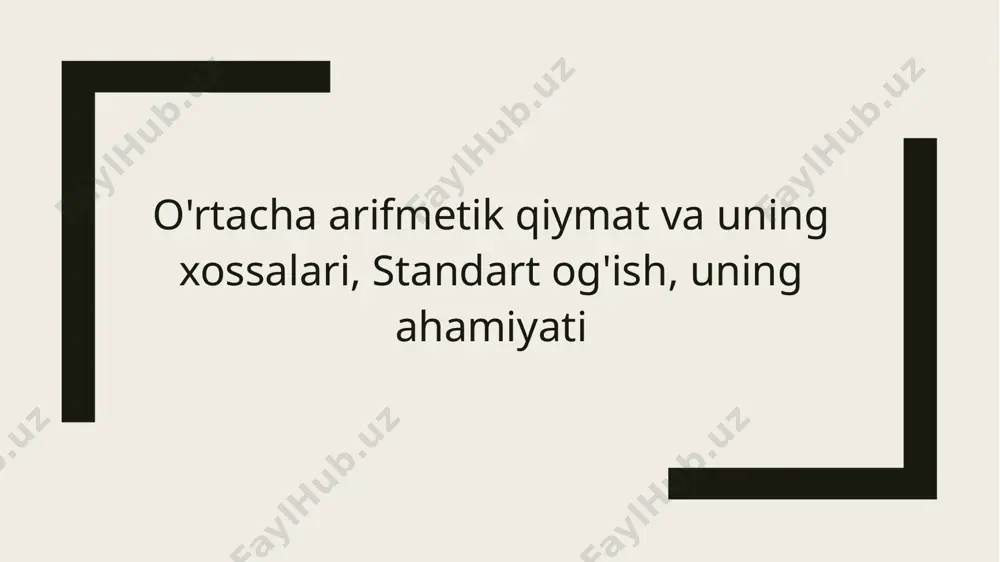 ladi yoki ko'paytiriladi. trend ko'rsatkichi: o‘a ma'lumotlarning umumiy tendensiyasini ko‘rsatadi. o'rtacha arifmetik qiymatning psixologiyadagi o'rni o‘a psixologiyada ko'plab tadqiqotlar va testlar natijalarini tahlil qilishda qo'llaniladi. masalan, qiyinchilik darajasini baholash yoki psixologik holatni aniqlashda o‘a yordamida tadqiqot ishtirokchilarining umumiy holatini tahlil qilish mumkin. standart og'ish (so) nazariy asos: standart og'ish - bu ma'lumotlar to'plamining o'rtacha qiymatdan qanday tarqalgani va o'zgaruvchanligini o'lchovchi ko'rsatkich. u statistik tahlilda ma'lumotlarning tarqoqligini, ishonchliligini va o'zgaruvchanligini baholashda muhim ahamiyatga ega. ta'rif: standart og'ish - bu o'rtacha qiymatdan ma'lumotlar to'plamidagi har bir qiymatning masofasini o'lchovchi ko'rsatkichdir. bu statistik parametr ma'lumotlarning tarqoqligini va o'zgaruvchanligini ko'rsatadi. xossalari: tarqoqlikni o'lchash: standart og'ish ma'lumotlar to'plamining tarqoqligini baholashda foydalaniladi. agar so yuqori bo'lsa, ma'lumotlar o'zgaruvchan va tarqoq bo'ladi. normal taqsimot: statistikada standart og'ish ko'pincha normal taqsimot bilan bog'liq bo'ladi, bu esa ko'plab psixologik tadqiqotlar uchun asos bo'lib xizmat qiladi. natijalarni ishonchliligi: testlar va tadqiqot natijalarining ishonchliligini baholashda standart og'ish muhim ko'rsatkich hisoblanadi. standart …