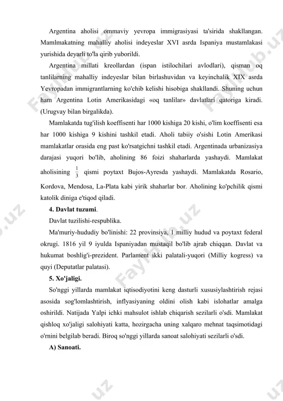 oq so'nggi yillarda sanoat salohiyati sezilarli o'sdi. a) sanoati. yoqilg'i-energetika sanoatida-neft xx asrning boshlaridan qazib olish bo'yicha lotin amerikasida to'rtincha o'rinni egallaydi. mamlakatda neftni qayta ishlash sanoatiga qarashli o'ndan ortiq korxonalar ishlab turibdi. 1970 va 1990 yillar davomida tabiiy gazning yirik konlari ishga tushirildi va uni qazib olish o'n marotaba o'sdi. (15 mlrd m3). so'nggi yillarda issiqlik elektrstansiyalarida elektrenergiya ishlab chiqarish hamda gidroenergetika va atomenergetikasidan fodalanish o'smoqda. mamlakatda birinchi atoelektr stansiyasi 1974 yilda qurib ishga tushirildi. qora metallurgiya sanoati-asosan tashib keltiriladigan xom-ashyoga tayanib ishlaydi. tarmoqda cho'yan, po'lat ishlab chiqariladi. (yiliga 3 mln tonna atrofida po'lat ishlab chiqariladi). rangli metallurgiya sanoatida-rangli metallardan alyuminiy, qo'rg'oshin, rux ishlab chiqariladi. mashinasozlik sanoatida-qishloq xo'jaligi mashinasozligi, yengil va oziq-ovqat sanoati uchun jihozlar, maishiy tovarlar ishlab chiqarishda katta yutuqlarga erishildi. avtomobilsozlik sanoati korxonalari faol chet el sarmoyasi yordamida qurilib, asosan yevropa va amerika markasidagi yengil mashinalar ishlab chiqarmoqda. qishloq xo'jaligi mashinasozligi tarmog'ida 250 turdan ortiq mashinalar ishlab …