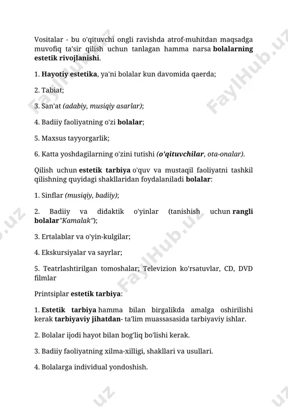 muassasasida tarbiyaviy ishlar. 2. bolalar ijodi hayot bilan bog'liq bo'lishi kerak. 3. badiiy faoliyatning xilma-xilligi, shakllari va usullari. 4. bolalarga individual yondoshish. 5. bolalar asarlari guruh hayotida yoki bolalar bog'chasi hayotida ishlatilishi kerak. badiiy ijodkorlik xususiyati bolalar. ijod - bu atrof-muhitni o'zgartirishga ta'sir ko'rsatadigan ijtimoiy ahamiyatga ega mahsulotni yaratishga qaratilgan faoliyat. yaratilish bolalar birinchi navbatda bolaning o'zi yoki guruhi uchun mazmunli bolalar, yaqin kattalar uchun. ammo bolalar ijodkorligining ahamiyati shundaki, u bola shaxsini shakllantirishga ta'sir qiladi, demak, jamiyat har kimning ijodiy rivojlanishidan manfaatdor. ijodga o'rgatish mumkin, ammo bu ta'lim alohida ahamiyatga ega. bu bilim va ko'nikmalarni qanday o'rgatishiga o'xshamaydi, shu bilan birga ma'lum bilimlarni o'zlashtirmasdan va ko'nikma va qobiliyatlarni o'zlashtirmasdan ijod qilish mumkin emas. badiiy ijod ostida maktabgacha yoshdagi bolalar ob'ektiv mazmunli yaratilishini anglatadi (birinchi navbatda bola uchun) yangi mahsulot (rasm, raqs, she'r, hikoya, qo'shiq va boshqalar); erta foydalanilmagan qismlar bilan tanishish va ma'lum qilish; o'yin faoliyati (ijodiy o'yinlar - …