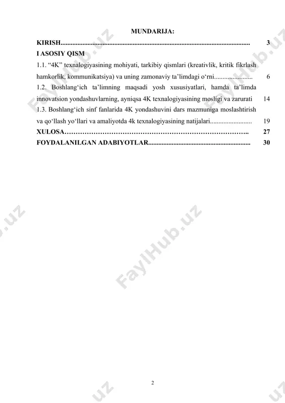 bu yondashuv nafaqat o‘quvchilarning darsdagi faolligini oshiradi, balki ularning ijtimoiy hayotga moslashuvchan, tashabbuskor va zamonaviy fikrlovchi bo‘lib shakllanishiga xizmat qiladi. 4k texnalogiyasi yondashuvining samaradorligi uni ta’lim jarayoniga tatbiq etish zaruratini kuchaytirmoqda. bugungi globallashuv va raqamlashtirish jarayonlari ta’lim sohasiga ham chuqur kirib kelmoqda. xxi asrda yosh avloddan faqat akademik bilim emas, balki mustaqil fikrlash, kreativ yondashuv, muammolarga tanqidiy qarash va jamoadagi samarali muloqot kabilar talab qilinmoqda. shu nuqtai nazardan, ta’lim jarayonida 4k kompetensiyalarini shakllantirish zamon talabi sifatida qaralmoqda.ta’lim sohasida olib borilayotgan islohotlar, xususan, o‘zbekiston respublikasi prezidentining 2022-yil 28-yanvardagi “yangi o‘zbekiston maktabi” konsepsiyasida ham bolalarda hayotiy ko‘nikmalarni shakllantirish zarurligi alohida ta’kidlangan[footnoteref:1]. bu hujjatlarda darslarda interfaol metodlar, kompetensiyaviy yondashuv, shaxsga yo‘naltirilgan ta’limning ustuvorligi ko‘zda tutilmoqda. shuningdek, xalqaro tajribalar ham bu yo‘nalishda boy tajribaga ega[footnoteref:2]. masalan, finlandiya, singapur, janubiy koreya kabi mamlakatlar ta’lim tizimida kreativ fikrlash, hamkorlik va kommunikatsiya ko‘nikmalari boshlang‘ich ta’limdan boshlab sistematik tarzda rivojlantiriladi. pisa va pirls baholash tizimlarida yuqori natijalar aynan …
