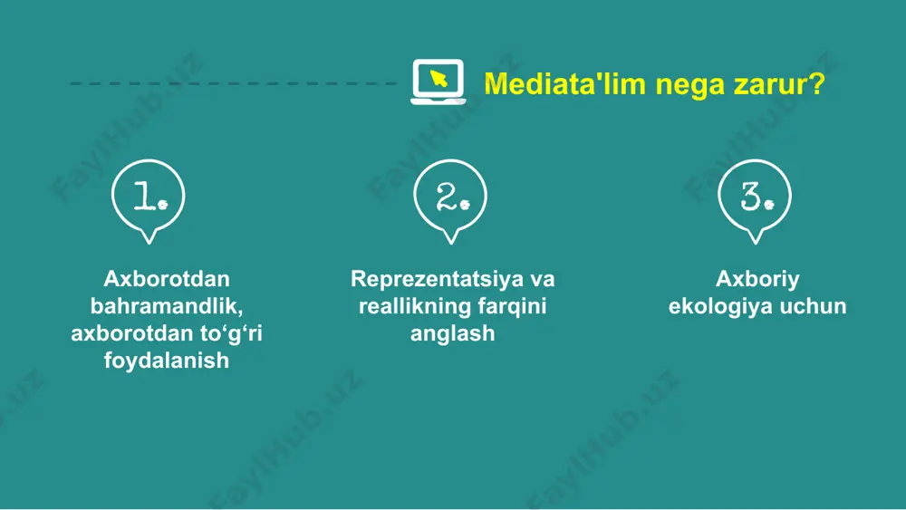 kaziy konsepsiyasi — reprezentatsiya ("reprezentatsiya" lotincha "repraesentatio" so‘zidan olingan bo‘lib, namoyish etmoq ma’nosini bildiradi. falsafa, psixologiya, sotsiologiyada qo‘llaniluvchi bu atama oav sohasida olamni obraz yordamida ko‘rsatish demakdir. reallik va reprezentasiyaning mosligi yoki qarama qarshiligi haqida ko‘p bora so‘z boradi. mediata’lim esa aynan shu jarayonni tushuntiradi). media reallikni inkor etmaydi, balki uni harf va belgilar yordamida ifodalaydi. mazkur prinsipsiz mediata’lim mavjud bo‘la olmaydi. mil mig? mas yunesko tomonidan ishlab chiqilgan o‘quv dasturi va tizimining media va axboriy savodxonligi kompetentsiyasi ikkita qismdan iborat: media savodxonlik va axboriy savodxonlik. ularni birlashtirsak, “media va axboriy savodxonlik” (mas) paydo bo‘ladi foydalanish imkoniyati tahlil baho refleksiya harakat media-iste’mol media-savodxonlik axborot mafkurasini aniqlang 01 axborot kontekstini tahlil qiling 02 axborot kimlarga qaratilganini aniqlang 04 axborotni ulashishdan oldin mas’uliyatni zimmangizga olayotganingizni unutmang 06 axborot tarqatayotgan kim degan savolga javob bering 03 boshqalar bu axborotga qanday munosabat bildirayotganiga e’tibor qarating 05 axborotlar bilan ishlashda tavsiyalar 01 kreativ fikrlash tanqidiy …