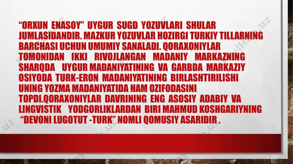 riyat” va boshqalar chor amaldorlarining qattiq nazorati ostida bo’lib, dam ochilib, dam yopilib turdi. mustamlaka davrida milliy tillarga davlat tili maqomi berish haqida gap bo‘lishi mumkin emas edi. agar rus tiliga davlat tili maqomi berilsa, milliy tillar asta-sekin yo‘qolishiga yuz tutar edi. hozirgi kunga kelib o‘zbekiston mustaqil bo‘lgach, uning tili ham davlat tili maqomini olishi qonuniy bo‘lgani ma’lum bo‘ldi. har bir xalq mustaqilligining asosiy belgilaridan biri o‘z ona tili bilan,unga bo‘lgan hurmat va e’tibor bilan belgilanadi,1989-yillarning oxirlarida o‘zbek xalqining mustaqillikka intilishi, avvalo, o‘z ona tiliga izzat-hurmat talab qilish bilan boshlandi. 1988-yil boshlarida davlat tili masalasi matbuotda keskin ko‘tarildi. 1989-yil boshlarida o‘zbek tiliga davlat tili maqomi berish to‘g‘risidagi qonun loyihasi e’lon qilindi. ko‘pchilik o‘zbek tiliga davlat tili maqomini berishni yoqlab chiqsa ham, ammo ba’zilar o‘zbek tilini faqat rasmiy til deb hisoblash zarurligi, ba’zilar o‘zbek tili bilan barobar rus tiliga ham davlat tili maqomi berilishi masalasiniqo‘ydilar. ba’zilar esa o‘zbek tili necha yuz …