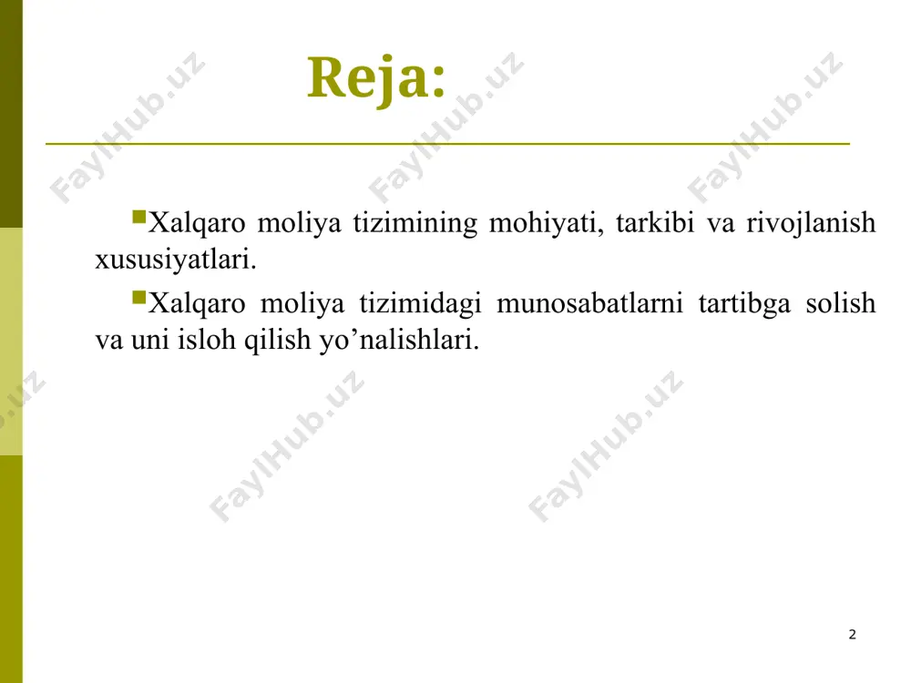 moliya tizimi - bu global valyuta munosabatlarining samarali tashkil etilgan shakli bo’lib, u turli davlatlar oʻrtasida tuzilgan shartnomalar bilan tartibga solinadi. xalqaro moliya tizimining tarkibiy tuzilmasi bir nechta qismlardan iborat bo’ladi: valyuta munosabatlari ifodasi boʻlib xizmat qiladigan jahon pul tizimi. valyuta kursi - bir davlat pul birligining boshqa davlat pul birligida ifodalangan narxi. milliy valyuta bozorlari. xalqaro valyuta-moliya tashkilotlari. * xalqaro moliya tizimi elementlari * xalqaro moliya tizimining barcha elementlari har bir milliy moliya tizimiga xosdir. umuman olganda, xalqaro moliya operatsiyalarining aksariyat qismi milliy moliya tizimlari tuzilmasida amalga oshiriladi va ular xalqaro moliya tizimining elementlari sifatida namoyon boʻladi. ushbu operatsiyalarning farqli tomoni shundaki, ularda tomonlarning kamida bittasi har doim norezident hisoblanadi. bunday operatsiyalar uchun milliy qonunchilikda har doim ularni amalga oshirishning maxsus qoidalari va tartiblar ishlab chiqiladi. ularning xususiyati, maqsadga muvofiqligi va samaradorligi doimo tadqiqotchilar va davlat organlarining diqqat markazida boʻlishi kerak. * xalqaro moliya tizimining rivojlanishi bilan birga aynan …