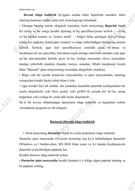 sini kiritib ham ishga tushirish mumkin: disk nomi:/dastur fayliga yo`l (papkalarning ularning ierarxii ketma-ketlikdagi nomlari)/dastur-fayl nani. kerakli dasturni ishga tushirish mumkin: • bajarish qism menyusini ochgandan keyin paydo bo`ladigan dasturni ishga tushirish muloqat oynasida (25-rasmda ko`rsatilgan), yoki birdaniga fayl nomini to`liq specifikaciyasini kiritish kerak, yoki sharh knopkasini bosish kerak; • sharh knopkasi bosilgandan keyin kompyuter disklarida bor bo`lgan kataloglar (papkalar) va fayllar ro`yxati bilan yangi muloqatli oyna paydo bo`ladi (ro`yxatning lavhalaridan biri 26-rasmda ko`rsatilgan), bu ro`yxatda oddiy yo`l bilan kerakli dasturni tolish, tanlash va ochish knopkasini bosish kerak; bundan keyin dasturni ishga tushirish oynasining matnli maydonida topilgan faylning nomi paydo bo`ladi; • matn maydonida fayl nomi paydo bo`lgandan keyin ok knopkasini bosish kerak. 3. dasturni masalalar panelidan ishga tushirish. bu dasturni ishga tushirishning еng oddiy va tezkor usulidir, lekin u faqat oldin bajarilgan dasturni qaytadan ishga tushirish uchun mumkin (ularning belgichalari masalalar panelida joylashishi kerak). dasturni ishga tushirish masalalar panelidagi …