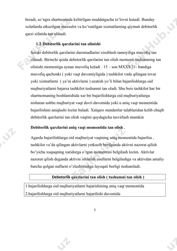 ofiq agar tashkilot bajarilishlarga oid majburiyatlarni davr davomida bajarsa, tashkilot tovar va xizmatlar ustidan nazoratni ham shu davr davomida uzatib boradi. shu bois tushum ham davr davomida tan olib boriladi, agarda quyidagi mezonlardan birontasi bajarsa:​ a. haridor bir vaqtning o'zida tashkilot tomonidan bajarilishi davomiyligida ko'rsatilgan majburiyatlarni bajarilishi bilan bog'liq nafnı olsa va iste'molini amalga oshirsa;​ b. tashkilot o'zining bajarilishlarga oid majburiyatlarini bajarish jarayonida aktivni yaratadi yoki yaxshilab boradi (masalan, tugallanmagan ishlab chiqish), uning ustidan nazoratni haridor ushbu aktivni yaratish yoki yaxshilash davomiyligida olsa;​ c. tashkilot tomonidan o'zining majburiyatlarini bajarilishi bilan aktiv yaratilishiga olib kelmaydi, qaysiki tashkilot alternativ maqsadlar uchun foydalaniladi, va bunda tashkilot hozirgi vaqtda shartnoma ishlarining qismini bajarganligi uchun to'lov olish huquqining huquqiy himoyasi ta'minlanganligiga ega bo'ladi. 1.3. gumonli ( shubxali ) debetorlik qarzi biznes subyektlarida debitorlik qarzlarining qaytarilmaslik riski mavjud. boshqa subyektlar bilan iqtisodiy munosabatlarda olingan hisob-kitoblarning qaytarilmasligiga bir qator sabablar bo'lishi mumkin. ularga quyidagilar kiradi: · tovar …