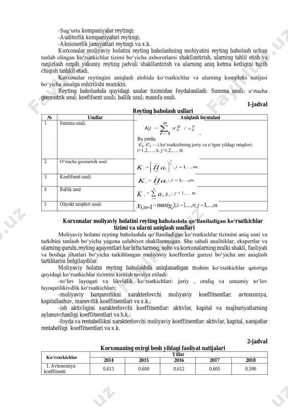 rxonalarning reyting baholash mezonlari bо‘yicha bir biriga nisbatan ustunligini belgilab beruvchi va о‘sib boruvchi yoki kamayib ketuvchi tarkibda ularning joylashgan о‘rnini kо‘rsatib beruvchi tartiblashdir. bu baholash bir tizimga kiruvchi korxonalarning bо‘limlari о‘rtasida, alohida olingan korxonalar о‘rtasida ham amalga oshirilishi mumkin. bu borada albatta reyting bahosini aniqlashning etalon birliklari tanlab olinishi lozim. moliyaviy holatni reyting baholashda eng muhim manba uning axborot taminoti masalasidir. bunday axborot manbalari sifatida moliyaviy hisobotlar, statistik hisobotlar, soliq va bojxona xisobotlari va boshqa hisobot ma’lumotlari olinishi mumkin. reyting baholashlar mutlaq kо‘rsatkichlar orqali ham nisbiy kо‘rsatkichlarini jamlash orqali ham aniqlanishi mumkin. mutlaq kо‘rsatkichlar sifatida kо‘pincha mahsulot (tovar, ish va xizmat)lar xajmi, sotish xajmi, sof foyda, aktivlar xajmi, xarajatlar sarfi kо‘rsatkichlari olinadi. ushbu kо‘rsatkichlarni jamlash, ranjirlash, ketma ketlikda tuzib chiqish korxonalarning reyting bahosini chiqarishning umubelgilangan tartib taomillari asosida amalga oshiriladi. bu holatlar turli faoliyat soxasiga tegishli bо‘lgan korxonalarni, ishlar mazmuni turlicha bо‘lgan korxonalarni taqqoslash imoknini bermaydi. shu sababli ham …