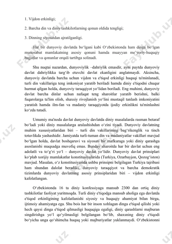 ing barcha shakllariga g‘amxo‘rlik qilishi, inklyuziv ta'limni ta'minlashi, o‘qituvchining maqomiga oid normalar mustahkamlandi. to‘rtinchidan, ijtimoiy davlatning asosiy vazifasi sifatida barcha uchun teng imkoniyatlar, oilalar, bolalar, ayollar, qariyalar, nogironligi bo‘lgan shaxslarni har tomonlama qo‘llab-quvvatlashga oid yangi qoidalar o‘rnatildi. shuningdek, vazirlar mahkamasining ijtimoiy davlat tamoyilini amalga oshirishga qaratilgan yangi vazifa va vakolatlari belgilandi. umuman olganda, yangi tahrirdagi konstitusiyamizda davlatning ijtimoiy majburiyatlari uch baravardan ortiqqa ko‘payturildi. ijtimoiy davlat prinsiplari germaniya, fransiya,ispaniya, xorvatiya, turkiya va boshqa bir qator davlatlar konstitusiyalarida mustahkamlangan. o‘zbekistonni ijtimoiy davlat deb belgilash –ta'lim, sog‘liqni saqlash, ijtimoiy xizmatlar va jamiyatdagi ijtimoiy tengsizlikni yumshatish, ayniqsa, ijtimoiy himoyalanmagan yoki ehtiyojmand qatlamni qo‘llab-quvvatlash orqali ularga munosib turmush sharoitini yaratishga xizmat qiladi. dunyoviy davlat – diniy tashkilotlar va birlashmalar davlatdan ajratilgan, davlat boshqaruvi diniy qoidalar bilan emas, konstitusiya va qonunchilik hujjatlari bilan tartibga solinadigan davlat hisoblanadi. dunyoviy davlat vijdon va e’tiqod erkinligining mavjudligi davlatning jamiyat hayotida fuqarolar tomonidan e’tiqod qilinayotgan dinlarga teng va birdek betaraf …