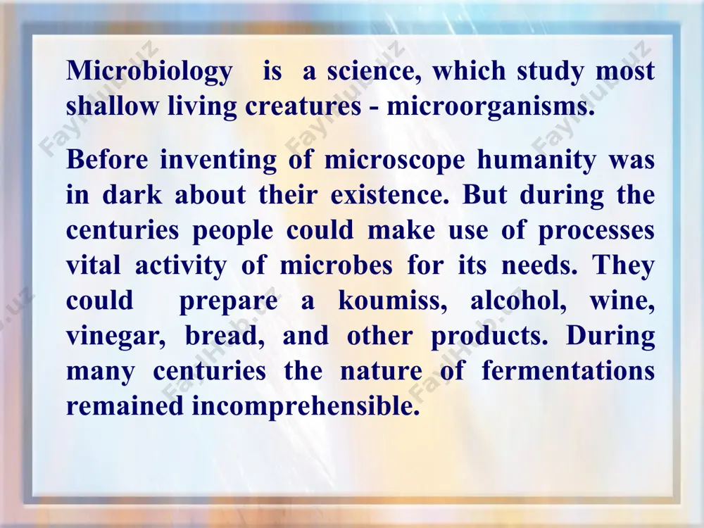 ysiological period has began not less important are scientific works of celebrated german scientist r. koch. he performed classic researches on etiology of anthrax, opened tuberculosis bacilli, cholera vibrio, proposed to isolate pure bacterial cultures on solid nutrient media (gelatin, potatoes), developed the preparations staining methods by aniline dye-stuffs, method of hanging drop for examination of bacteria motility, offered apparatus for sterilization the patriarch of world and ukrainian microbiology - i. metchnikov he studied inflammation pathology, phagocytosis, bases about antagonism of bacteria. from all microbes-antagonists i.metchnikov preferred the lactic bacteria. on their base he offered three medical preparations - sour clotted milk, yogurt and lactobacillin. now they are called by eubiotics. classic metchnikov's researches defined a prophylactic period in microbiology history. in 1892 d. ivanovskiy described an virus of mosaic tobacco illness – new class of infectious agents microorganisms constitute a very antique group of living organisms which appeared on …
