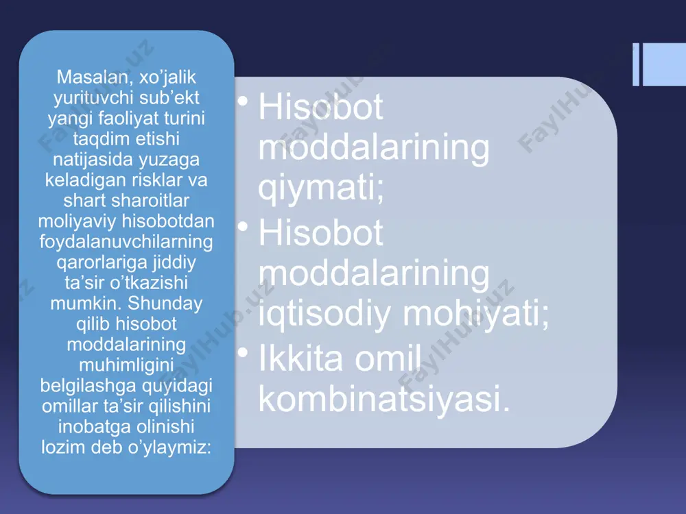 a beriladigan xulosa turini noto’g’ri belgilashi. to’g’ri (multiplikativ) modelda auditor professional mulohazasi asosida auditorlik riski komponentlarini baholab, umumiy auditorlik riskini aniqlaydi. uar=ixr*nr*ar(1) uar-umumiy auditorlik riski; ixr-ichki xo’jalik riski; ar-aniqlanmaslik riski. auditorlik riskini baholashning jarayonli yondashuvi auditorlik tekshiruvidan o’tayotgan sub’ektning biznes-jarayonlarini o’rganish asosida amalga oshiriladi (tahlil yo’nalish ijarayonlardan-hisobotga qarab). yuqoridagi yondashuvlardan qay birini tanlash auditorni o’zi mustaqil belgilaydi. lekin bu ikkita yondashuv turli mehnat sarfini talab etadi, ya’ni jarayonli yondashuv ko’p mehnat sarfini talab etganligi bois moddalar bo’yicha yondashuvdan keng foydalaniladi. xulosa o’rnida shuni ta’kidlashimiz mumkinki, auditor butun faoliyatini moliyaviy hisobotning etarli ishonchliligini ta’minlash bilan bir qatorda auditorlik riskini maqbul chegaragacha pasaytirishga qaratadi. e’tiboringiz uchun rahmat! /docprops/thumbnail.jpeg