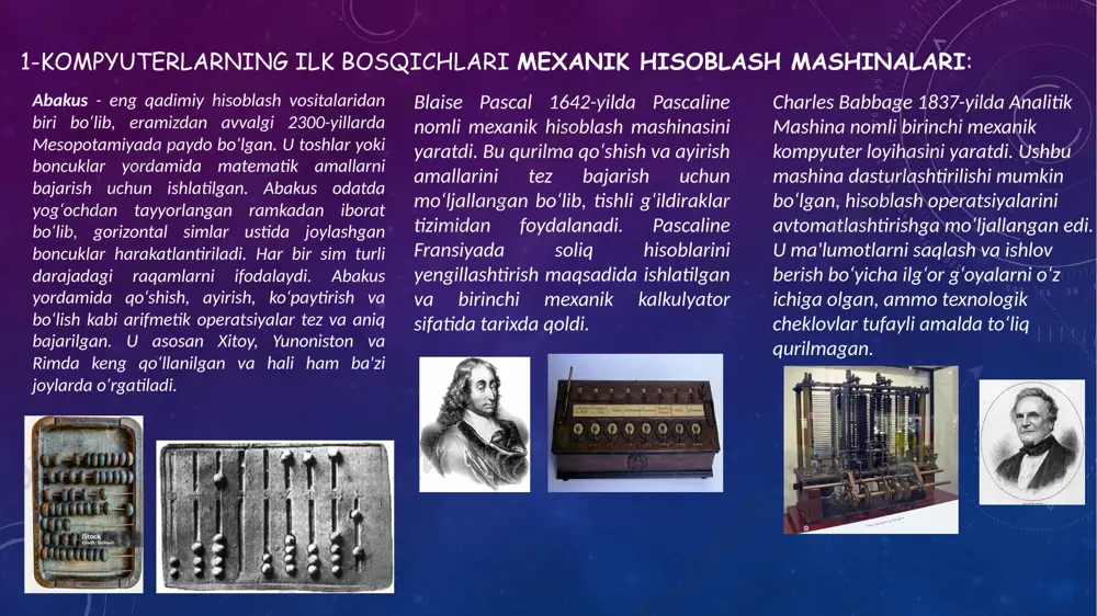 mpyuterlar qanday ishlashini tushuntirib berdi va sun'iy intellekt rivojida ham katta ahamiyatga ega bo‘ldi. eniac (electronic numerical integrator and computer) 1945-yilda aqshda ishlab chiqilgan bo‘lib, dunyodagi birinchi elektron raqamli kompyuter hisoblanadi. u vakuum lampalar yordamida ishlagan va juda katta hajmga ega bo‘lgan (30 tonnadan ortiq). eniacning asosiy maqsadi ikkinchi jahon urushi davrida artilleriya uchun ballistik jadvallarni tez va aniq hisoblash edi. u juda katta hisoblash quvvatiga ega bo‘lib, bir necha soat davom etadigan hisob-kitoblarni bir necha soniya ichida amalga oshira olgan. eniac texnologik rivojlanishda muhim qadam bo‘lib, zamonaviy kompyuterlarning ajdodi hisoblanadi. kompyuterlarning rivojlanish bosqichlari birinchi avlod kompyuterlari (1940-1950-yillar) elektron lampalar yordamida ishlagan. ushbu kompyuterlar katta hajmli bo‘lib, bir xonani to‘ldiradigan darajada katta edi. lampalar elektr signallarini boshqarish uchun ishlatilgan, lekin ular juda ko‘p energiya sarflagan va tez qizigan, natijada tez-tez ishdan chiqishi mumkin edi. eniac va univac i birinchi avlod kompyuterlari orasida mashhur bo‘lib, asosiy vazifasi ilmiy hisoblashlar, ballistik jadval …