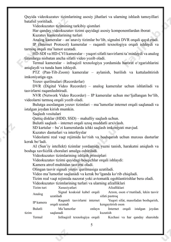yoki tungi ko‘rish imkoniyatlariga ega kameralar tanlanadi. saqlash hajmi va sifati – uzoq muddatli yozuvlar uchun katta sig‘imli saqlash vositalari zarur. internet yoki lokal tarmoq orqali ishlash – ip kameralar internet bilan ishlaydi, analog tizimlar esa mahalliy tarmoqqa bog‘liq bo‘ladi. sun’iy intellekt (ai) va avtomatlashtirilgan tizimlar – yuzni tanish, harakatni kuzatish va avtomatik xabarnoma berish kabi funksiyalarni qo‘llab-quvvatlash muhim. videokuzatuv tizimlarining kelajagi va yangi texnologiyalar sun’iy intellekt va tahliliy tizimlar – yuzni tanish, avtomatik qoidabuzarliklarni aniqlash. bulutli saqlash va iot integratsiyasi – ma’lumotlarni istalgan joydan kuzatish imkoniyati. 5g texnologiyasi – yanada tezkor va barqaror tarmoq orqali ma’lumot almashish. yuqori aniqlikdagi kameralar (8k, 12k) – detallashtirilgan kuzatuv tasvirlari. videokuzatuv tizimlari xavfsizlikning muhim qismi bo‘lib, ularning rivojlanishi bilan hayotimiz yanada xavfsiz va qulay bo‘lib bormoqda. to‘g‘ri tanlangan tizim korxona va xonadonlarning himoyasini ta’minlashda katta ahamiyat kasb etadi. 1.2 videokuzatuv tizimlari tushunchasi va turlari videokuzatuv tizimlari xavfsizlikni ta’minlash, monitoring va huquqni muhofaza qilish …