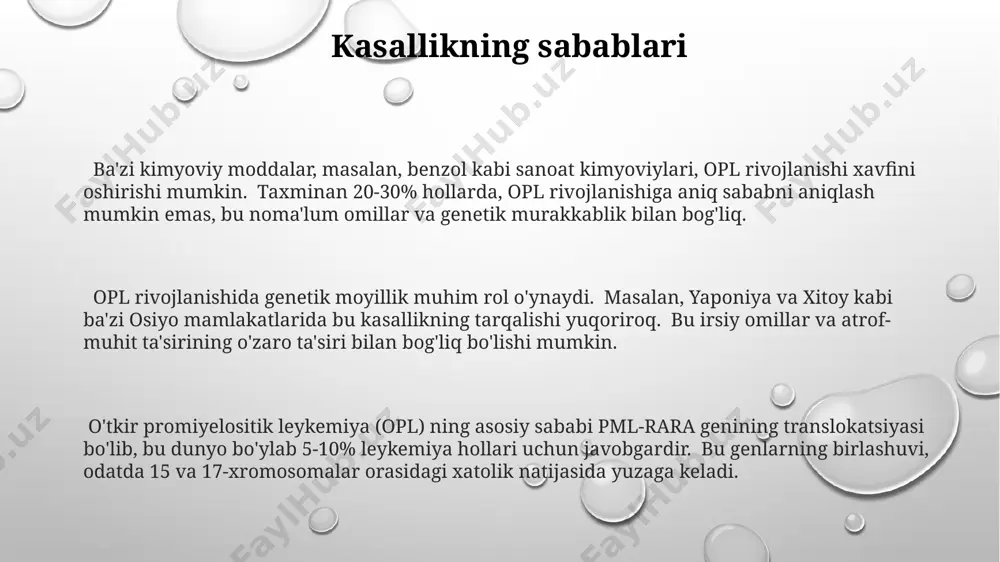 ojlangan mamlakatlarida, masalan, aqsh va germaniyada keng qo'llaniladi. differentsial diagnostika apmlni differentsial diagnostikasi o'tkir miyeloid leykemiyaning (oml) boshqa kichik turlaridan, masalan, m2, m4 va m5 kabi past differensiatsiyalangan leykemiyalardan, shuningdek, buyrak usti bezlari kasalliklaridan ajratib olishni talab qiladi. fransiya va aqshdagi klinik tadqiqotlar shuni ko'rsatdiki, apmlning differentsial diagnostikasida 50 yoshdan yuqori bemorlarda aplastik anemiya va myelodisplastik sindromlarni hisobga olish kerak. apml diagnostikasida sitologik tekshiruvlar, immunofenotiplash va sitogenetik tahlillar muhim ahamiyatga ega, bu erda t- (15;17) translokatsiyasi 90% dan ortiq hollarda aniqlanadi, bu esa diagnostikani aniqlashtirishga yordam beradi. allogeneik suyak ko'migi transplantatsiyasi allogenik suyak ko'migi transplantatsiyasi (akt) apl davolashda 50% dan ortiq remissiyaga erishish imkoniyatini beradi, ayniqsa, birinchi marta qaytalanish holatlarida samarali bo'lib, dunyoning rivojlangan mamlakatlaridagi ixtisoslashgan klinikalarda qo'llaniladi. taxminan 10% hollarda donor va retsipient o'rtasida to'qimalarning mos kelmasligi kuzatiladi, bu esa akt muvaffaqiyatsizligiga va graft-versus-host kasalligiga olib kelishi mumkin, bu esa tokio kabi yirik shaharlardagi ixtisoslashgan markazlarda davolanadi. akt jarayoni …