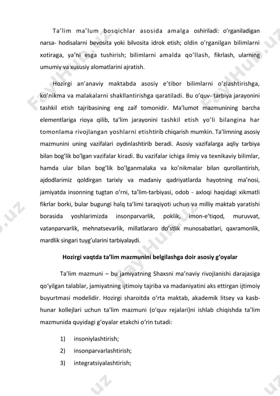lakalarni shakllantirishga qaratiladi. bu o’quv- tarbiya jarayonini tashkil etish tajribasining eng zaif tomonidir. ma’lumot mazmunining barcha elementlariga rioya qilib, ta’lim jarayonini tashkil etish yo’li bilangina har tomonlama rivojlangan yoshlarni etishtirib chiqarish mumkin. ta’limning asosiy mazmunini uning vazifalari oydinlashtirib beradi. asosiy vazifalarga aqliy tarbiya bilan bog’lik bo’lgan vazifalar kiradi. bu vazifalar ichiga ilmiy va texnikaviy bilimlar, hamda ular bilan bog’lik bo’lganmalaka va ko’nikmalar bilan qurollantirish, ajdodlarimiz qoldirgan tarixiy va madaniy qadriyatlarda hayotning ma’nosi, jamiyatda insonning tugtan o’rni, ta’lim-tarbiyasi, odob - axloqi haqidagi xikmatli fikrlar borki, bular bugungi halq ta’limi taraqiyoti uchun va milliy maktab yaratishi borasida yoshlarimizda insonparvarlik, poklik, imon-e’tiqod, muruvvat, vatanparvarlik, mehnatsevarlik, millatlararo do’stlik munosabatlari, qaxramonlik, mardlik singari tuyg’ularini tarbiyalaydi. hozirgi vaqtda ta’lim mazmunini belgilashga doir asosiy g‘oyalar ta’lim mazmuni – bu jamiyatning shaxsni ma’naviy rivojlanishi darajasiga qo‘yilgan talablar, jamiyatning ijtimoiy tajriba va madaniyatini aks ettirgan ijtimoiy buyurtmasi modelidir. hozirgi sharoitda o‘rta maktab, akademik litsey va kasb- hunar kollejlari uchun …