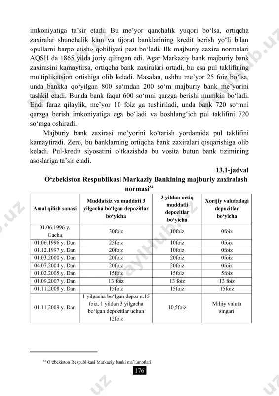 r. majburiy zaxiralar – bu, kredit maqsadlari uchun ishlatilmaydigan bank omonatlarining bir qismidir. zaxira normasi ikki asosiy funksiyani bajaradi: bank likvidligini joriy tartibga solish uchun sharoit yaratadi va kredit emissiyasini cheklaydi. markaziy bank tijorat banklari markaziy bankda ushlab turishga majbur bo‘lgan zaxiralarning eng quyi normasini o‘rnatadi va shu vosita yordamida ular kreditlash qobiliyatiga, imkoniyatiga ta’sir etadi. bu me’yor qanchalik yuqori bo‘lsa, ortiqcha zaxiralar shunchalik kam va tijorat banklarining kredit berish yo‘li bilan «pullarni barpo etish» qobiliyati past bo‘ladi. ilk majburiy zaxira normalari aqsh da 1865 yilda joriy qilingan edi. agar markaziy bank majburiy bank zaxirasini kamaytirsa, ortiqcha bank zaxiralari ortadi, bu esa pul taklifining multiplikatsion ortishiga olib keladi. masalan, ushbu me’yor 25 foiz bo‘lsa, unda bankka qo‘yilgan 800 so‘mdan 200 so‘m majburiy bank me’yorini tashkil etadi. bunda bank faqat 600 so‘mni qarzga berishi mumkin bo‘ladi. endi faraz qilaylik, me’yor 10 foiz ga tushiriladi, unda bank 720 so‘mni qarzga berish imkoniyatiga …