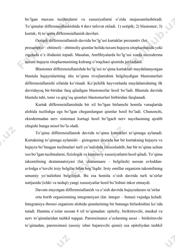 kimyoviy xususiyatlarni hosil qiladi. tо’qima takomilining deatamaatsiyasi (lat. deatamaare – belgilash) asosan avloddan-avlodga о’tuvchi irsiy belgilar bilan bog’liqdir. irsiy omillar organizm takomilining umumiy yо’nalishini belgilaydi. bu esa homila о’sish davrida turli ta’sirlar natijasida (ichki va tashqi) yangi xususiyatlar hosil bо’lishini inkor etmaydi. davom etayotgan differensiallanish va о’sish davrida hujayralararo ta’sirlar orta borib organizmning integratsiyasi (lat. integer – butun) vujudga keladi. integratsiya iborasi organizm alohida qismlarining bir butunga birlashishini kо’zda tutadi. hamma a’zolar asosan 4 xil tо’qimadan: epiteliy, biriktiruvchi, muskul va nerv tо’qimalaridan tashkil topgan. parenximatoz a’zolarning asosi – biriktiruvchi tо’qimadan, parenximasi (asosiy ishni bajaruvchi qismi) esa epiteliydan tashkil topgan. a’zo tarkibiga kirgan tо’qimalarning faoliyati shu a’zoning umumiy yoki asosiy funksiyasini bajarishga qaratilgan. tо’qimalarning fiziologik va reparativ regeneratsiyasi. tо’qima va organlarda о’layotgan hujayralar hamda hujayra shakliga ega bо’lmagan tuzilmalar doim, butun hayot davomida qaytadan tiklanib turadi. bu jarayon fiziologik regeneratsiya deb atalib, turli tо’qimalarda turlicha kechadi. mitoz bо’linish xususiyatiga ega bо’lgan, …