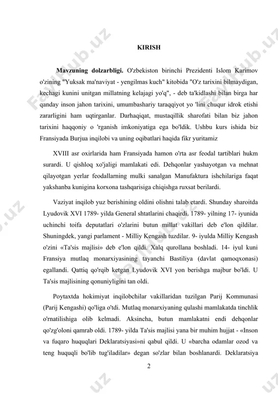 lar vakillaridan tuzilgan parij kommunasi (parij kengashi) qo'liga o'tdi. mutlaq monarxiyaning qulashi mamlakatda tinchlik o'rnatilishiga olib kelmadi. aksincha, butun mamlakatni endi dehqonlar qo'zg'oloni qamrab oldi. 1789- yilda ta'sis majlisi yana bir muhim hujjat - «inson va fuqaro huquqlari deklaratsiyasi»ni qabul qildi. u «barcha odamlar ozod va teng huquqli bo'lib tug'iladilar» degan so'zlar bilan boshlanardi. deklaratsiya xalqni «hokimiyatning manbai» deb e'lon qildi. shuningdek, feodal va toifa imtiyozlarini bekor qildi. so'z, matbuot erkinligini e'lon qildi. 1791- yilda fransiya tarixida birinchi marta mamlakat konstitutsiyasi qabul qilindi. konstitutsiya 25 yoshga to'lgan barcha erkak kishilarga saylash huquqini e'lon qildi. ularning ichida eng yetakchilari «jirondachilar» va «yakobinchilar» partiyalari edi. 1792- yilda qonun chiqaruvchi majlis «vatan xavf ostida» chaqirig'i bilan xalqqa murojaat qildi. bu esa mamlakatda keskin norozilik keltirib chiqardi. 1792- yil 10- avgust kuni esa parijda qurolli qo'zg'olon boshlandi. 1792 yil 21- sentabrda fransiya respublika deb e'lon qilindi. lyudovik xvi esa qatl etildi. respublika feodal- toifaviy …