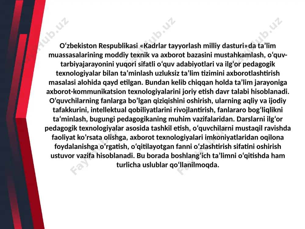 mkin. elektron darslikda fanning o‘quv materiallari o‘quvchiga interfaol usullar bilan, psixologik va pedagogik jihatlar, zamonaviy axborot texnologiyalari, audio va video animatsiyalar imkoniyatlaridan o’rinli foydalaniladi boshlang’ich sinflarda axborot texnalogiyalari o‘quvchilar mantiqiy tafakkur yuritish ko‘nikmalariga ega bo‘lishlarida ushbu metod alohida ahamiyatga ega. uni qo‘llashda quyidagi harakatlar amalga oshiriladi: o‘rganilayotgan mavzu mohiyatini ochib berishga xizmat qiluvchi tushunchalar tizimini shakllantirish; hosil bo‘lgan tizimdan mavzuga taalluqli bo‘lgan to‘rtta (beshta, oltita, ...) va taalluqli bo‘lmagan bitta tushunchaning o‘rin olishiga erishish; o‘quvchilarga mavzuga taalluqli bo‘lmagan tushunchani aniqlash va uni tizimdan chiqarish vazifasini topshirish; o‘quvchilarni o‘z harakatlari mohiyatini sharhlashga undash (mavzuni mustahkamlash maqsadida o‘quvchilardan tizimda saqlanib qolgan tushunchalarga ham izoh berib o‘tishlari hamda ular o‘rtasidagi mantiqiy bog‘liqlikni asoslashlarini talab etish lozim). mazkur metod o‘quvchilardan o‘rganilayotgan mavzu (yoki bo‘lim, bob) yuzasidan tahliliy mulohaza yuritish, shuningdek, eng muhim tayanch tushunchalarni ifodalay olishni talab etadi. boshlang’ich sinflarda axborot texnalogiyalari kompyuterning o’qituvchilik vazifasini bajarishi quyidagi jarayonlarda namoyon bo’ladi:  o’quv axborotining manbai …