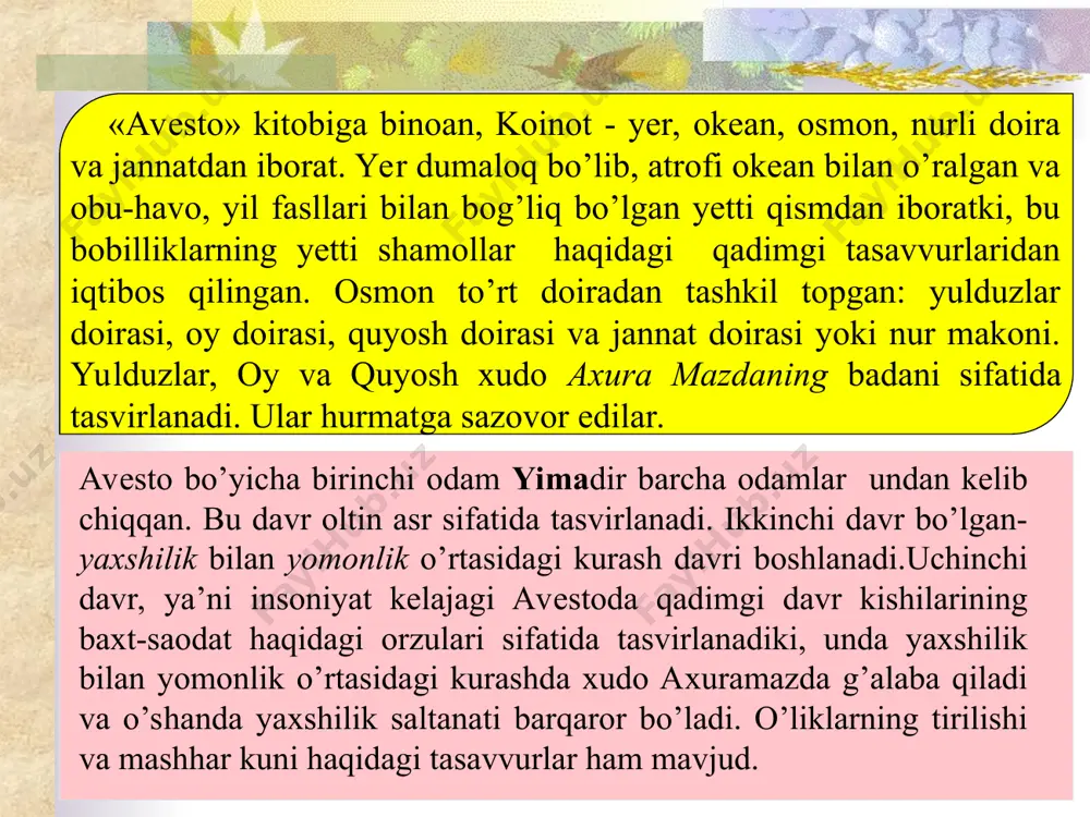 laviy-urug’chilik va qabilaviy arvohlar va himoyachi - xudolar bo’lgan kamilarga sig’inish yotar edi. «kami» so’zi aynan «tepada», «yuqorida» degan ma’noni anglatar edi. ruhlar barcha mavjud narsalarning ko’zga ko’rinmas siymolari hisoblanar edilar. qadimgi yapon afsonalari uchun xos bo’lgan xususiyat tabiatga sig’inish (naturizm) va uni jonlantirish (animizm) edi. butun tabiat ruhlar bilan to’ladirdilar. tog’lar, ko’llar, daraxtlar, gullar va boshqa shunga o’xshashlarga sajda qilinar edi. tabiatga sajda qilishdagi markaziy o’rinni quyoshga topinish egallar edi. * xitoy falsafasi o’zining gullab-yashnagan vaqtiga «urushuvchi davlatlar» deb atalgan davrda erishdiki, uni xitoy falsafasining «oltin davri» (er.av. vi-iii asrlar) deb atadilar. asosiy falsafiy yo’nalishlar quyidlagilardan iborat edi: in-yan, konfusiychilik, daosizm, ismlar maktabi, moizm, legizm. konfusiychilik axloqiy qoidalar va ijtimoiy boshqaruv masalalariga diqqat-e’tiborni qaratdi. konfusiychilik uchun eng mukammal namuna o’tmish edi. konfusiy (er.ol. 551-449 yy.) o’zi haqida shunday degan edi: «eskini bayon qilaman va yangini yaratmayman». u va uning izdoshlari jamiyatning parchalanib ketishidan bezovta bo’lganliklari sababli asosiy e’tiborni insonni …