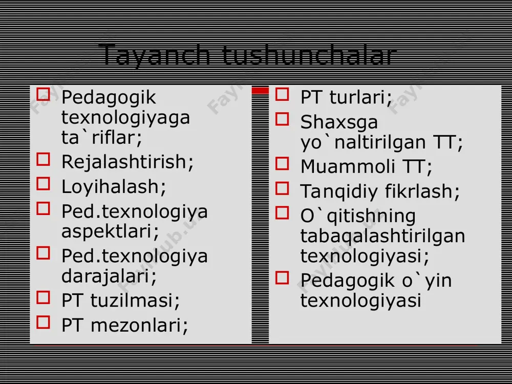 xov). pedagogik texnologiyaga berilgan ta’riflar “pedagogik texnologiya – bu ta’lim shakllarini jadallashtirish vazifasini ko’zlagan o’qitish va bilimlarni o’zlashtirishning barcha jarayonlarini tehnika va inson omillarida va ularning birgalikdagi harakatlari vositasida yaratish, tatbiq etish va belgilashning izchil metodidir” (yunesko). pedagogik texnologiyaga berilgan ta’riflar “pedagogik texnologiya – pedagogik maqsadlarga erishishda foydalaniladigan shaxsiy imkoniyatlar, jihozlar va metodologik vositalarda amalda bo’lishning tizimli yig’indisi va tartibini bildiradi” (m.v.klarin). pedagogik texnologiyaga berilgan ta’riflar “pedagogik texnologiya – o’zida turli mualliflar (manbalar)ning barcha ta’riflari mazmunini qamrab olgan mazmuniy umumlashma hisoblanadi”. (g.k. selevko). bu tadqiqotlarni tahlil qilgan holda ushbu ta’rifni berish mumkin: pedagogik texnologiya ta’lim maqsadlariga erishish va shaxsning rivojlanishiga qaratilgan pedagogik faoliyatni muttasil ravishda rivojlantirish tizimi loyihasidir. pedagogik texnologiyaga berilgan ta’riflar bu ta’riflar tahlilidan pedagogik texnologiya natijani qo’lga kiritish uchun ta’lim doirasida zarur bo’lgan vositalar tizimini rejalashtirish va tatbiq etish degan xulosaga kelish mumkin. loyihalash metodologik funktsiya bajaradi. u talabaning psixik rivojlanish qonuniyatlari, o’quv jarayonining rivojlanish xususiyatlari va pedagogik …
