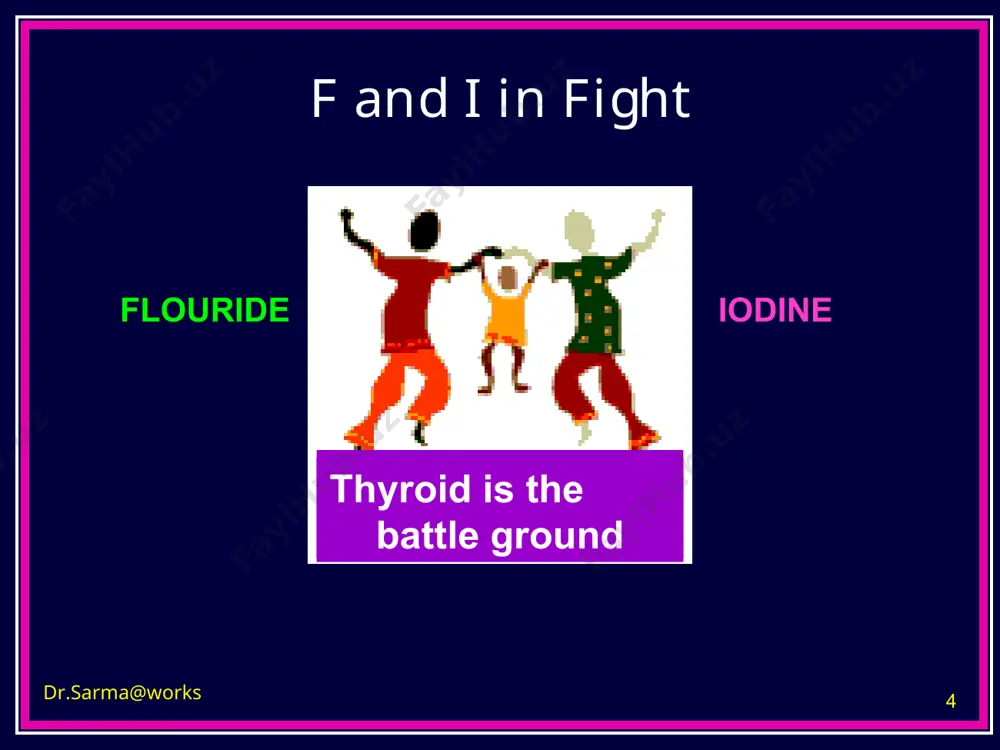 re in paderu taluk of vizag district in a.p. in the year 1983 myself, 2 asst. professors from medicine and psm - amc the tribals of paderu, munchenput, seethampet have high prevalence(26%) of endemic goitre of iodine deficiency dental fluorosis was seen prevalent in children 6% no skeletal fluorosis was detected in this study this study did not include blood tests for thyroid function dr.sarma rvsn et al – icmr special report to itda ap 1983 8. fluorosis in tamilnadu drinking water samples from 255 villages in the krishnagiri block of dharmapuri district of tamilnadu were analyzed fluoride endemic areas of the region were identified the prevalence of dental fluorosis is found – the high and low the relationship of fluoride on drinking water was assessed by simple and multiple correlation analysis. clinical survey for dental, skeletal & thyroid effects was done dental fluorosis, skeletal fluorosis, thyroid hypofunction fluoride vol. …