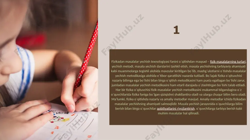 hirish uchun mo'ljallangan. testning nazariy asoslarini ingliz psixologi f.gamelton ishlab chiqdi. pedagogik test sinovlari birinchi marta amerikalik psixolog e.torndayk tomonidan ishlab chiqildi. mustaqil o'zbekiston mdh davlatlari ichida 1993 yil martda birinchi bo'lib, rivojlangan mamlakatlar pedagogikasidagi ilg'or tajribalarni o'rganish imkonini yaratdi. pedagogik testlarning miqiyosda birinchi marta o'rta ma'lumot yakunida, oliy o'quv yurtiga kiruvchilarni qabul qilishda qo'llanildi. fizikadan masalalar to‘plamlarida berilgan hamma masalalarni turli asoslarga ko‘ra klassifikatsiyalanadi. masalan, masalalarning murakkablik darajasiga ko‘ra, sodda masalalar, qiyinroq masalalar, masala shartida, darslikda va darsda ko‘rib chiqilgan masalalarda tavsiflanganiga nisbatan kamroq tanish bo‘lgan holat tavsiflangan masalalar, o‘quvchilar yangi bilimlar olish uchun foydalanish mumkin bo‘lgan masalalardir. masalalar mazmuniga qarab, mexanikaga, molekulyar fizikaga, elektrga doir va hakozo bo‘lishi mumkin. bunday bo‘linish shartli ekanini bilamiz, chunki ko‘pincha bitta masalaning shartida fizikaning bir nechta bo‘limlaridagi ma’lumotlardan foydalaniladi. shuningdek, politexnik mazmunga ega bo‘lgan, ijodiy qobiliyatlarni rivojlantirishga qaratilgan, tarixiy xarakterdagi ma’lumotlarni o‘z ichiga olgan masalalarga klassifikatsiyalanadi. rimberio co masalalar mazmuniga qarab quyidagicha …
