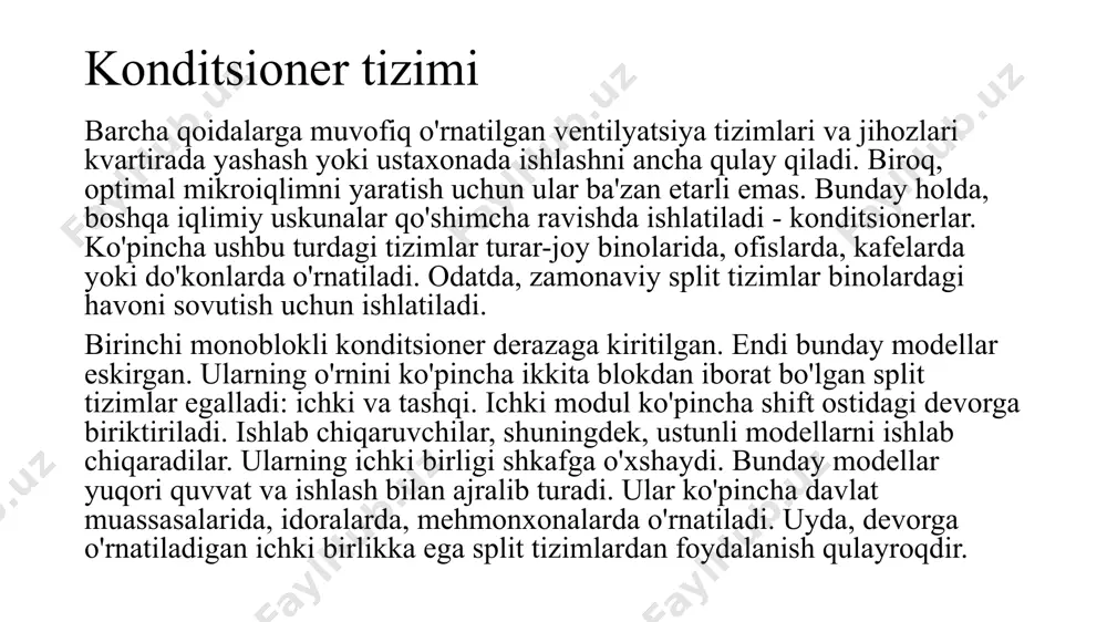 qlik almashtirgich orqali issiqlik atmosfera havoga chiqariladi. sovutish suyuqligi soʻngra ichki blokdagi issiqlik almashtirgichga oʻtadi va xonadagi havo issiqligini soʻrib oladi. sovuq sovutish suyuqligi tashqi blokdagi kompressorgacha qaytib, aylanish davom etadi. shunday qilib, xonadagi havo sovutiladi. xonani sovutish jarayonining taʼminlanishi xonani sovutish jarayoni konditsionerning ishlash prinsiplari asosida amalga oshiriladi. sovutish suyuqligi xonadagi havo issiqligini soʻrib oladi va tashqi blokda atmosfera havoga chiqariladi. ichki blokdagi fan sovutilgan havo oqimini xonaga yoʻnaltiradi. xonaning harorati pasayadi va qulay mikroiqlim yaratiladi. konditsionerlarning elektr tarmoqlariga ulanishi konditsionerlarni elektr tarmoqlariga ulanish xavfsizlik talablariga muvofiq amalga oshiriladi. konditsionerning quvvati va elektr tarmoqdagi kuchlanish mos kelishi kerak. konditsionerni oʻrnatishda malakali elektrik tomonidan amalga oshirilishi va elektr simlari, rozetkalar va himoya vositalari xavfsizlik talablariga mos kelishi kerak. konditsionerlarning energiya tejamkorligi split tizimli konditsionerlarning energiya tejamkorligi turli omillarga bogʻliq. ishlab chiqaruvchi tomonidan ishlatiladigan texnologiya, konditsionerning quvvati, xonaning oʻlchamlari va izolyatsiyasi, shuningdek foydalanish rejimlari energiya sarfini taʼsir qiladi. energiya tejamkorligini oshirish …