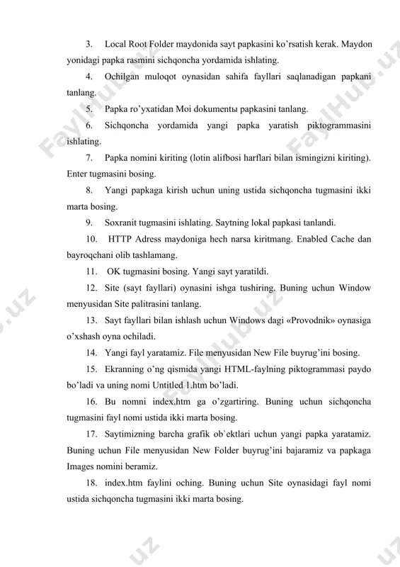 sahifada hech narsa bo’lmasa ham html-kod sahifa haqidagi ayrim ma`lumotlarni o’zida saqlaydi. hujjat oynasidagi yopish tugmasini bosgan holda, html-fayl oynasini yoping. yuqoridan ikkinchi yopish belgisini ishlating, chunki birinchi tugma dreamweaver dasturi oynasiga tegishlidir. variantlar quyidagi mavzular bo’yicha web-sahifa yaratilsin: 1. guruh haqida. 2. dars jadvali. 3. qurulish materiallari. 4. sport. 5. tatu 6. html tili. 7. telefon kompaniyalari. 8. shoirlar. 9. kompyuterning rivojlanishi. 10. telefon modellari. 11. kompyuter qurulmalari. 12. qadimiy joylar. 13. mashhurlar. 14. kompaniyalar. 15. bayramlar. 16. uzbekistondagi universitetlar. 17. mashinalar. 18. kinoartistlar. 19. estrada artistlari. 20. informatika fani. image1.png