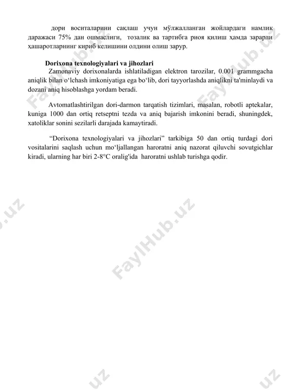 ihozlari zamonaviy dorixonalarda ishlatiladigan elektron tarozilar, 0.001 grammgacha aniqlik bilan o‘lchash imkoniyatiga ega bo‘lib, dori tayyorlashda aniqlikni ta'minlaydi va dozani aniq hisoblashga yordam beradi. avtomatlashtirilgan dori-darmon tarqatish tizimlari, masalan, robotli aptekalar, kuniga 1000 dan ortiq retseptni tezda va aniq bajarish imkonini beradi, shuningdek, xatoliklar sonini sezilarli darajada kamaytiradi. “dorixona texnologiyalari va jihozlari” tarkibiga 50 dan ortiq turdagi dori vositalarini saqlash uchun mo‘ljallangan haroratni aniq nazorat qiluvchi sovutgichlar kiradi, ularning har biri 2-8°c oralig'ida haroratni ushlab turishga qodir. 📌xulosa dorixona faoliyati bilan tanishuv natijasida, dorixona ishlari jarayonlari haqida chuqur tushunchaga ega bo'ldim va kelajakdagi ishimda bu bilimlarni qo'llay olaman. olingan amaliy ko'nikmalar kasbiy rivojlanishimga yordam beradi. 📚foydalanilgan adabiyotlar 1. фармацевтика фаолияти билан танишув бўйича ўқув қўлланма. тошкент: ўзбекистон миллий университети, 2023 йил. 2. дорихона иши асослари. дарслик. тошкент: "меҳнат" нашриёти, 2022 йил. 3. фармацевтикада сифат менежменти. монография. тошкент: фан ва технологиялар университети, 2021 йил. 4