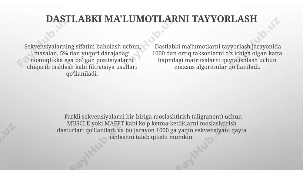 osa chiqarishda muhim rol o'ynaydi. bayes statistikasi yordamida o'tkazilgan filogenetik tahlil bayesian posterior ehtimolligini hisoblab, daraxtning turli topologiyalari orasidagi farqlarni aniqlash va eng ehtimolli topologiya haqida xulosa chiqarish imkonini beradi. nuklein kislotalar ketma-ketligi tahlili dasturlari mega x kabi dasturlarda 500 dan ortiq turli filogenetik usullar mavjud bo'lib, bulardan foydalanib, tadqiqotchilar turli parametrlarni sozlab, eng mos filogenetik daraxtni yaratishlari mumkin. nuklein kislotalar ketma-ketligini tahlil qilish dasturlari, masalan, blast, 100 mln dan ortiq nukleotid ketma-ketliklarini o'zaro taqqoslash va gomologiyani aniqlash imkonini beradi, bu filogenetik daraxtlarni qurishda muhim ahamiyatga ega. mafft kabi ko'p ketma-ketliklarni tez va samarali tartiblash uchun mo'ljallangan dasturlar filogenetik tadqiqotlarda 1000 dan ortiq gen ketma-ketligini ishlov berishda samaradorlikni oshiradi. turli dasturlarni taqqoslash dasturlarni taqqoslashda ularning qo'llab-quvvatlaydigan ma'lumotlar turlari (dnk, oqsil, morfologik) va ularning turli filogenetik modellarning qo'llanilishini taqqoslash zarur, chunki bu turli xil biologik savollarga javob berishda 5-10% farq keltirib chiqarishi mumkin. mega va phyml kabi grafik interfeysga ega dasturlarni …