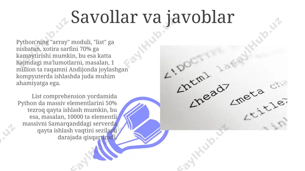 ash uchun, python dasturida massivlar tezkor va aniq natijalar beradi. numpy kutubxonasi va uning afzalliklari numpy kutubxonasi python'da katta hajmdagi n-o'lchovli massivlar (masalan, 1000x1000 pikselli rasm) bilan ishlashni 100 baravar tezlashtiradi, bu esa hisoblash vaqtini sezilarli darajada qisqartiradi va samaradorlikni oshiradi. ushbu kutubxona, matematik va ilmiy hisob-kitoblarni amalga oshirishda, masalan, 2d va 3d modellashtirishda, toshkentdagi universitet talabalari tomonidan keng qo'llaniladi, chunki uning funksiyalari vektorlashtirilgan hisob-kitoblarni ta'minlaydi. arraylarni saralash (sorting) python’ning `list.sort()` metodi yordamida 1000 tagacha elementdan iborat massivni tez va samarali tartiblash mumkin, bu esa xotira sarfini kamaytiradi va algoritm murakkabligini 20-yil avvalgi algoritmlardan farqli ravishda o(n log n) ga tushiradi. python’ning standart `sorted()` funksiyasi yangi, saralangan massivni qaytaradi, asl massivni o'zgartirmaydi. bu esa 3 ta turli xil algoritmlarni qo'llagan holda, masalan, 500 elementli massivni berlin shahridagi kompyuterda samarali tartiblash imkonini beradi. multidimensiyali arraylar ko'p o'lchovli massivlarni yaratishda list comprehension yordamida samaradorlikni oshirish mumkin; masalan, 5x5 o'lchamli bir butun sonlardan …