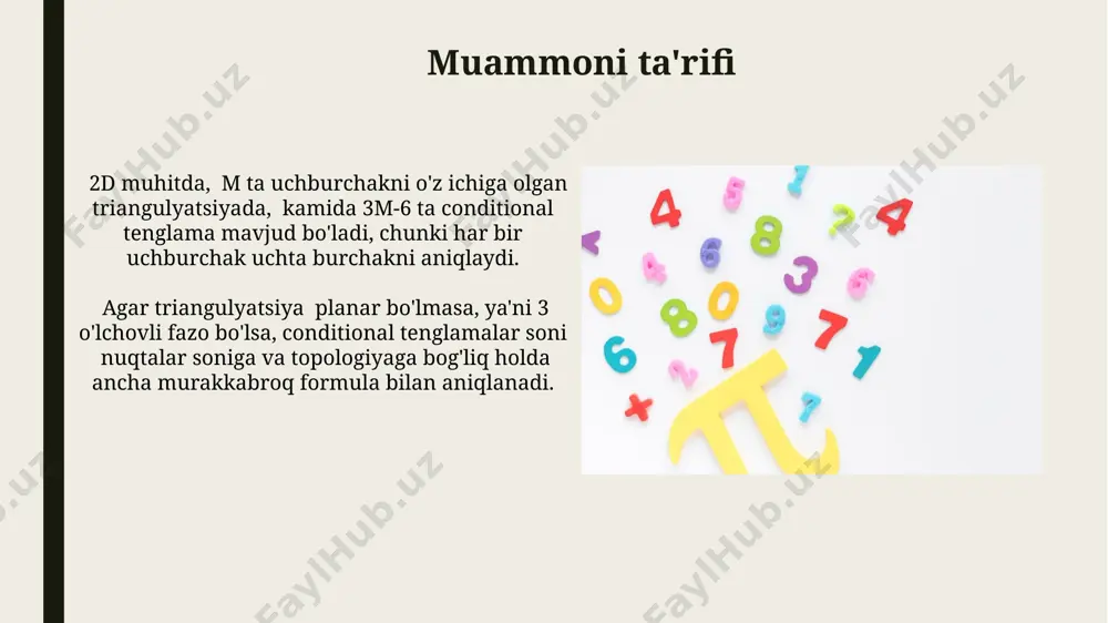 hi orqali aniqlik baholanadi. xatoliklar tahlili triangulyatsiya natijalarining aniqligini baholashda muhim rol o'ynaydi, 3σ chegarasidan tashqarida 1% dan ortiq nuqtalar aniqlansa, o'lchovlarning ishonchliligi shubha ostiga olinadi. samaradorlik tahlili tahlil jarayonida kamida 5 ta turli algoritm qo'llaniladi va har bir algoritmning samaradorligi 10 ta turli ma'lumot to'plami bo'yicha baholanadi, natijada 50 ta samaradorlik ko'rsatkichi olinadi. samaradorlik tahlili natijalari 2 o'lchovli va 3 o'lchovli ma'lumotlar uchun alohida hisoblab chiqiladi, bu esa triangulation jarayonida aniqlik darajasini ko'rsatadi va kamida 1000 ta nuqta tahlil qilinadi. trigonometrik tenglamalar uchburchakni triangulyatsiya qilishda, uchburchakning uchta burchagi va uchta tomoni orasidagi bog'liqlikni ifodalovchi kamida 3 ta trigonometrik tenglama hosil bo'ladi. trigonometrik tenglamalarning yechimlari, ko'pincha, 0 dan 2π gacha bo'lgan intervalda cheklangan sonli qiymatlar to'plamidan iborat bo'lib, bu ularning davriy xususiyatlaridan kelib chiqadi. eng kichik kvadratlar usuli eng kichik kvadratlar usuli, 3 o'lchovli fazo triangulyatsiyasida har bir qo'shimcha nuqta uchun 3 ta shartli tenglama qo'shilishini nazarda tutadi, bu esa …