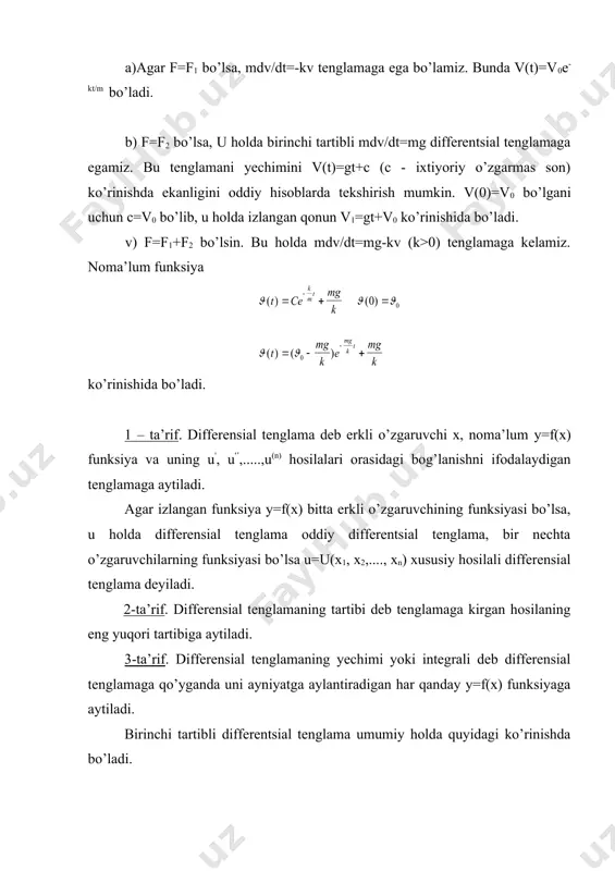 shunday с=с0 qiymat topiladiki, y=((x,с0) funksiya berilgan boshlang’ich shartni qanoatlantiradi. 5 – ta’rif. umumiy yechimni oshkormas holda ifodalovchi f(x,y,с)=0 tenglik (1.1) differentsial tenglamaning umumiy integrali deyiladi. 6 – ta’rif. ixtiyoriy с - o’zgarmas miqdorda с=с0 ma’lum qiymat berish natijasida y=((x,с) umumiy yechimdan hosil bo’ladigan har qanday y=((x,с0) funksiya xususiy yechim deyiladi. f(x,y,с0) - xususiy integral deyiladi. 7-ta’rif. (1.1) differensial tenglama uchun dy/dx=с=const munosabat bajariladigan nuqtalarning geometrik o’rni berilgan differensial tenglamaning izoklinasi deyiladi. a d a b i yo t l a r 1. a.s. piskunov. differensial va integral hisob. t. «o’qituvchi»,1974 y ,7 – 17 betlar 2. m.s. salohitdinov, o’.n. nasritdinov. oddiy differensial tenglamalar. t. «uzbekiston» , 1994 y., 6 – 9 betlar. 3. v.p. minorskiy. oliy matematikadan masalalar to’plami. t. «o’qituvchi», 1977, 224-228 betlar. 4.е.у. соатов «олий математика» 5-жилд «уктувчи», 1988. 5. www.ziyonet.zuz _1445809323.unknown _1445809324.unknown _1445809322.unknown