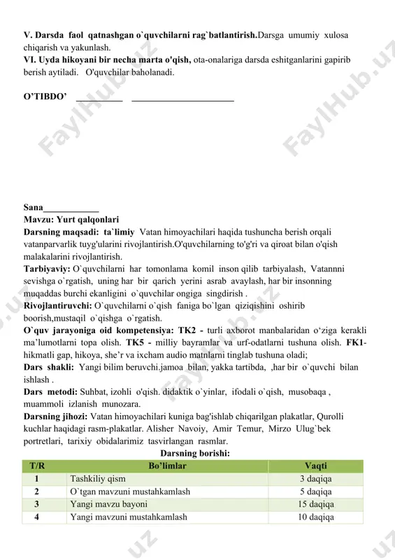zarur. vatan bizning katta uyimizdir. uni doim sevish va qadrlash kerak. v. darsda faol qatnashgan o`quvchilarni rag`batlantirish.darsga umumiy xulosa chiqarish va yakunlash. vi. uyda hikoyani bir necha marta o'qish, ota-onalariga darsda eshitganlarini gapirib berish aytiladi. o'quvchilar baholanadi. o’tibdo’ __________ ______________________ sana____________ mavzu: yurt qalqonlari darsning maqsadi: ta`limiy vatan himoyachilari haqida tushuncha berish orqali vatanparvarlik tuyg'ularini rivojlantirish.o'quvchilarning to'g'ri va qiroat bilan o'qish malakalarini rivojlantirish. tarbiyaviy: o`quvchilarni har tomonlama komil inson qilib tarbiyalash, vatannni sevishga o`rgatish, uning har bir qarich yerini asrab avaylash, har bir insonning muqaddas burchi ekanligini o`quvchilar ongiga singdirish . rivojlantiruvchi: o`quvchilarni o`qish faniga bo`lgan qiziqishini oshirib boorish,mustaqil o`qishga o`rgatish. o`quv jarayoniga oid kompetensiya: tk2 - turli axborot manbalaridan o‘ziga kerakli ma’lumotlarni topa olish. tk5 - milliy bayramlar va urf-odatlarni tushuna olish. fk1-hikmatli gap, hikoya, she’r va ixcham audio matnlarni tinglab tushuna oladi; dars shakli: yangi bilim beruvchi.jamoa bilan, yakka tartibda, ,har bir o`quvchi bilan ishlash . dars metodi: …
