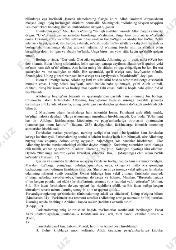 sar shaklda yozgan bo‘lsalar, keyingilar o‘zlaridan oldin o‘tganlarning asarlariga sharh ta’rif etganlari va mustaqil asar yozgan bo‘lsalar ham mufassal ekani bilan ajralib turganlar. hozirgi kunda ham aqida ilmida asar yozayotgan mutaxassislar asarining masalalarga batafsil to‘xtalib o‘tayotganlarini ko‘rish mumkin. ularning barchalari qur’on oyatlari va hadislar asosida hamda sahobalarning uslubi asosida aqida masalalarini bayon etib berganlar. aqida borasida faoliyat olib borgan olimlarning orasida imom abu mansur moturidiy va imom abul hasan ash’ariylar alohida ajralib chiqqanlar. bu olimlar ahli sunna val jamoa aqidasi bo‘yicha imom deb tan olindilar. “ahli sunna val jamoa” to‘rt fiqhiy mazhabdan biriga amal qilib kelayotgan bo‘lsalar, aqidaviy masalada ikkiga - moturidiylik va ash’ariylikka e’tiqod qiladilar. bunda hanafiy mazhabi moturidiylikka, molikiy, shofeiy va hanbaliy mazhabi ash’ariylik ta’limotida deb hisoblanadi. shu o‘rinda bu ikki maktab vakillari haqida to‘xtalib o‘tish o‘rinli. moturidiylik aqidaviy maktab asoschisi buyuk kalom imomi va fakih abu mansur moturidiydir. uning hayoti haqida ma’lumotlar kam. to‘liq nomi abu mansur …