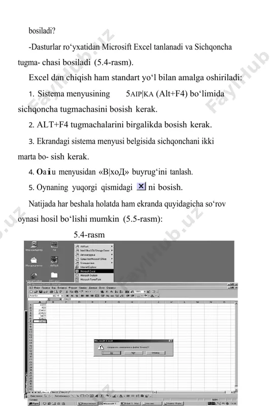 ahrirlanganda, oxirgi 4 ta qayta ishlan- gan fayllarning nomlari eslab qolinadi va ular fayl menyusining oxirida keltiriladi. bu fayllarning ixtiyoriy birini ochish uchun uni tanlab, sichqon- cha tugmasini bosish kerak. 2. 0aiu menyusidagi æ okip|ka bo‘limi yoki klaviaturadan ctrl+o qo‘shib bosilsa, ekranda mos so‘rov oynasi paydo bo‘ladi. shundan so‘ng kerakli katalog topilib, undagi fayl nomi tanlanadi va shu oynadagi okip|ka tugmasi bosiladi (5.7-rasm). image5.png image6.png image1.png image2.png image3.png image4.png 17 - mavzu:microsoft excel jadval muharririning keng imkoniyatlaridan foydalanish reja: 1. microsoft excel haqida tushuncha 2. excel dasturini ishga tushirish va tugatish 3. excel dasturini ishga tushirish va tugatish microsoft excel programmasi (dasturi) elektron jadvallarni qayta ishlash uchun mo‘ljallangan. biz ko‘pchilik hollarda qayta ishlanadigan ma’lumotlarni jadvallar ko‘rinishida tasvirlaymiz. shuning uchun jadval katakchalarining bir qismiga boshlang‘ich ma’lumotlar va boshqa qismi ga esa hosil qilinadigan hosilaviy ma’lumotlar yoziladi. masalan: terimchilarning kunlik tergan paxtasi uchun mehnat haqini hisoblash talab qilinsin, u holda terilgan paxta …