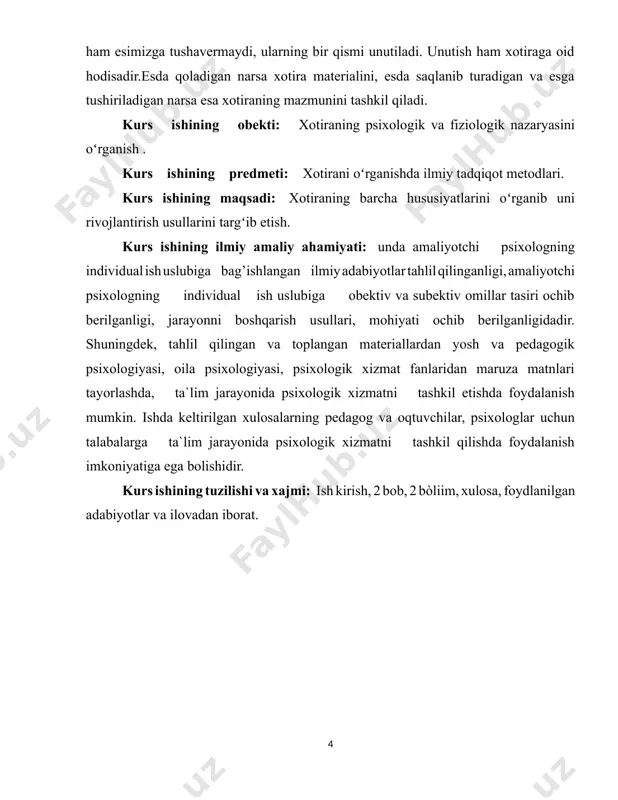 dabiyotlar va ilovadan iborat. i bob. xotira haqida tushuncha. xotirani talqin qilinishida turli xil yondashuvlar. 1.1 xotiraning ilmiy psixalogik adabiyotlarda o’rganilishi. xotira — idrok etilgan narsa va hodisalarni yoki oʻtmish tajribalarni esda qoldirish va zarur boʻlganda tiklashdan iborat psixik jarayon. xotira eng yaxshi damlarni esda qoldiradi. u nerv sistemasi xususiyatlaridan biri boʻlib, tashqi olam voqealari va organizm reaksiyalari haqidagi axborotni uzoq saqlash hamda uni ong faoliyatida va xulq, xatti harakat doirasida takroriy qobiliyatida namoyon boʻladi. xotira individning oʻz tajribasida esda olib qolishi, esda saqlashi va keyinchalik uni yana esga tushirishi xotira deb ataladi. xotira haqidagi dastlabki ilmiy qarashlar sharq mutafakkirlari va yunon faylasuflari (aristotel va boshqalar) da uchraydi. xususan, farobiy xotiraga bilishdagi aqliy jarayonning tarkibiy qismi sifatida qarab, xotirani faqat insonga emas, hayvonga ham xos xususiyat ekanini alohida taʼkidlagan. xotiraning fiziologik asosi bosh miya yarim sharlari poʻstlogʻining muvaqqat bogʻlanishi (qarang assotsiatsiya) va ularning keyingi faoliyatidan iborat. xotira koʻlami, axborotlarning uzoq …