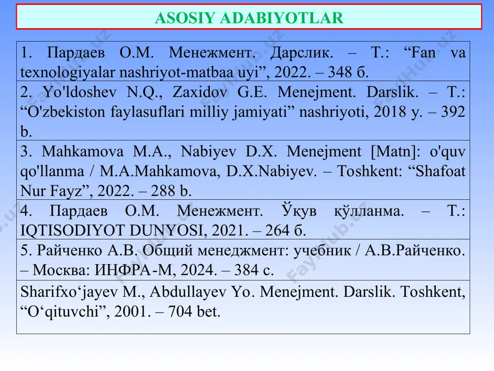 ladi. boshqacha so‘z bilan aytganda, menejment — bu boshqaruv, ya’ni resurslarni, odamlarni boshqarish, samarali faoliyat olib borish, foyda olishni bilish va uni ko‘paytirish jarayonidir. boshqaruv — bu o‘ziga xos yuksak san’at va mahoratni talab qiluvchi tanlov, shu tanlov asosida qaror qabul qilish va uning bajarilishini nazorat qilish jarayonidir. 2. menejment fanining maqsad va vazifalari, obyekti va subyekti. menejment fanining maqsadi bu – boshqaruvchiga tanlovni to‘g‘ri amalga oshirishni va tanlov asosida qarorni qabul qilishni o‘rgatuvchi fandir. uning asosiy maqsadi hozirgi raqamli iqtisodiyot sharoitida barcha bo‘g‘inlarda samarali ishlay oladigan yuqori malakali boshqaruvchilarni tayyorlashdan iborat. yuqori foyda olishning uch sharti harajat – bu mahsulotni ishlab chiqarish va uni sotish hamda ish haqi to‘lashga sarflanadigan mablag‘lar yig‘indisidir. harajat tarkibiga: mahsulot (xizmat) tannarxi; ma’muriy harajatlar; ijara va foiz to‘lovlari; ish haqi; soliqlar kiradi. naf – bu mahsulot (xizmat) ning iste’molchilarga qanchalik ijobiy natija keltirishidir. haridor harid qobilyati doirasida yeng nafli molni tanlashga intiladi. shundagina u …