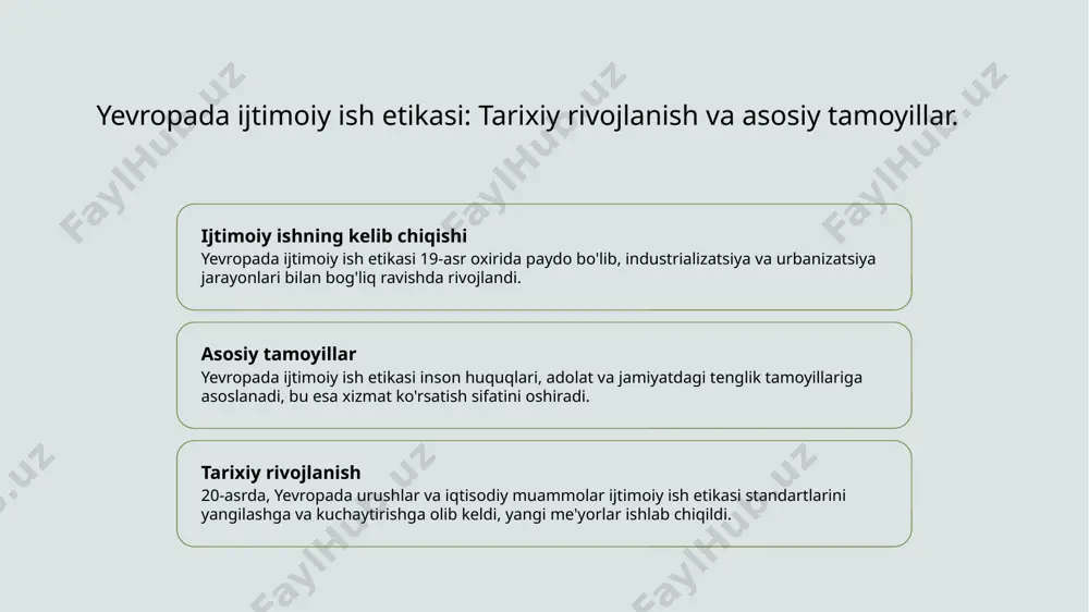 , iqtisodiy tengsizlik va muhojirlar bilan bog'liq muammolar asosiy masalalar sifatida ko'rilmoqda. 3 etika va amaliyot - ijtimoiy ish etikasining zamonaviy amaliyoti, madaniy sezgirlik va inklyuzivlik tamoyillarini o'z ichiga oladi, bu esa yuqori sifatli xizmat ko'rsatishni ta'minlaydi. rossiyada ijtimoiy ish etikasi: tarix va rivojlanish jarayoni. 01 ijtimoiy ishning kelib chiqishi rossiyada ijtimoiy ish 19-asr oxirida paydo bo'lgan, asosan, ijtimoiy muammolarni hal qilishga qaratilgan dasturlar orqali rivojlanib bordi. 02 etika asoslari rossiyada ijtimoiy ish etikasi, inson huquqlari va adolat tamoyillariga asoslanib, kasbga xos axloqiy me'yorlarni shakllantiradi. 03 zamonaviy rivojlanish bugungi kunda rossiyada ijtimoiy ish etikasi global standartlarga muvofiq rivojlanmoqda, madaniy va tarixiy kontekstlar hamda zamonaviy ehtiyojlarni hisobga oladi. etik standartlar va ijtimoiy xizmatlar: rossiya kontekstida. 01 etik standartlar rossiyada ijtimoiy ish etikasi, inson huquqlarini himoya qilish va adolatni ta'minlashga qaratilgan asosiy tamoyillarni o'z ichiga oladi. 02 ijtimoiy xizmatlar ijtimoiy xizmatlar, aholi ehtiyojlarini qondirish uchun mo'ljallangan, muhim rol o'ynaydi, bu orqali jamoat …