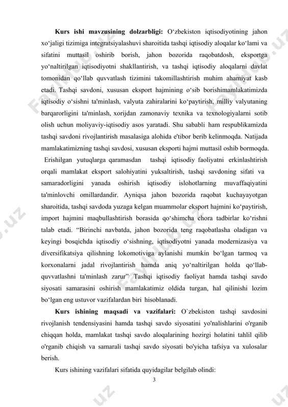 o’llari haqida ma’lumot berish; kurs ishi obyekti va predmeti: o’zbekiston va xorij mamlakatlar bilan tashqi iqtisodiy faoliyati, kurs ishining predmeti esa, o’zbekiston va xorij mamlakatlari savdo iqtisodiy faoliyatining tahlili va yo’nalishlari. kurs ishining manbalari: o’zbekistonning dunyo malakatlari bilan yo’lga qo’ygan tashqi iqtisodiy faoliyati bo’yicha chop etilgan ilmiy-uslubiy adabiyotlar, respublikamiz qonunlari va nashr etilgan ilmiy maqolalarga tayanildi. shu mavzuda keying yillarda ilmiy tahliliy tadqiqotlar, internet ma’lumotlari, statistika ma’lumotlari o’rganildi va mavjud ma’lumotlarga tayanilgan holda tahliliy natijalar ishlab chiqildi. kurs ishining manbalari: kurs ishi bir qator xorijiy va mahalliy iqtisodchi olimlar hamda mutaxassislarning jaxon xo’jaligi, xalqaro iqtisodiyotga bag‘ishlangan asarlari va ilmiy ishlari, davlat statistika qo‘mitasi ma’lumotlari, so‘nggi yillarda nashr etilgan kitoblar dan foydalanildi. kurs ishining tarkibi: kurs ishining tarkibi kirish, 2 ta bob, 5 ta reja, xulosa va takliflar, foydalanilgan adabiyotlar ro‘yxati hamda internet saytlaridan iborat. i bob. tashqi savdo siyosatining mohiyati va vositalari 1.1-§. importga ta’riflar. importga ta’riflar kiritilishining iqtisodiy oqibatlari …