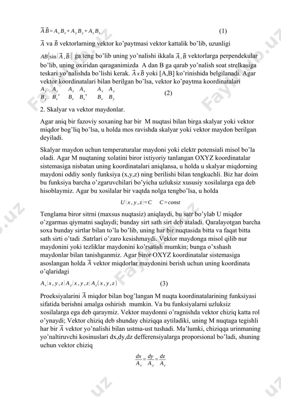 slikda yotadi ( yoki, ning proeksiyasi nolga teng bo’ladi, bunda n sirtga o’tkazilgan normal ). agar qaralayotgan soxada vektor chiziqdan farqli boshqa chiziq olsak, u holda bu chiziqlarning geometrik o’rni vektor sirt bo’ladi. agar aytilayotgan “yo’naltiruvchi” chiziq yopiq bo’lsa vektor chiziq truba shaklidagi vektor sirt bo’ylab uni vektor trubka deyiladi. 3.gradiyent. u(m)=u(x,y,z) skalyar maydon berilgan bo’lsin proeksiyalari vektor u miqdor gradiyenti deyiladi (mosnuqtada) va quyidagicha belgilanadi: =gradu bu shaklan ta’rifning kengli shundaki koordinata o’qlaridan foydalaniladi va uni tanlashga gradiyent tushunchasining bog’liqmasligi haqidagi savol ochiqligicha qoladi. bu bog’liqmaslikni tushunish uchun berilgan yo’nalish l o’rniga hosila ning ta’rifini eslaymiz. - funksiyaning l yo’nalish bo’yicha o’sishini ifodalaydi. quyidagi formula bilan ifodalanadi. bunda , l yo’nalishning yo’naltiruvchi kosinuslari: agar orqali bu yo’nalishning birlik vektorini belgilasak u holda bu hosilaning eng katta qiymatiga l yo’nalish bilan gradiyent ustma ust tushganda erishadi va bu eng katta qiymat ga teng bo’ladi, bu quyidagi ta’rifni hosil qiladi: tarif; …
