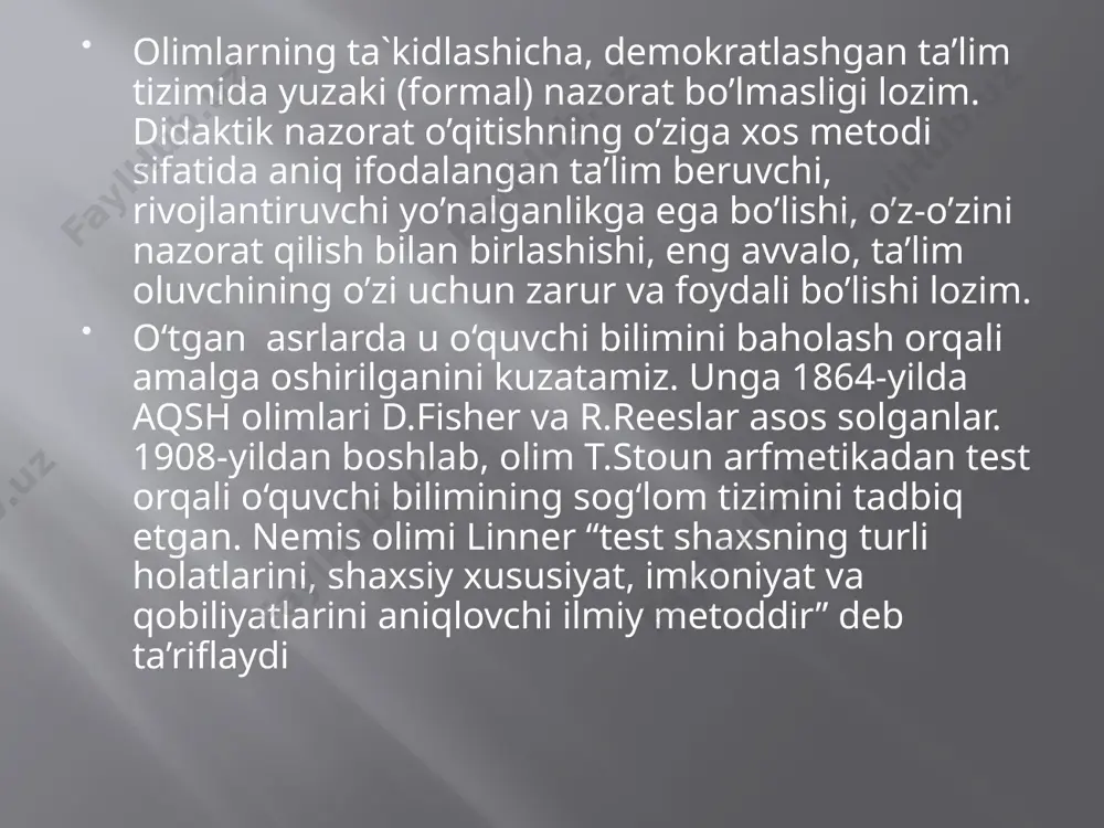 ituvchi uni mavzudan kelib chiqib tanlaydi. nazoratning asosiy besh shakli mavjud: nazoratning ommaviy (frontal) shaklida o’qituvchi o’quvchilarga materialning ma`lum bir hajmi bo’yicha savol beradi, o’quvchilar unga qisqa javob qaytaradi. mazkur so’rash ko’pchilik o’quvchini nazorat qilishni ta`minlaydi va butun guruhni faollashtiradi. ammo bu nazoratni o’quvchilarning bilim darajasini har tomonlama aniqlash uchun qo’llab bo’lmaydi; - nazoratning guruhli shaklida o’quvchilarning ma`lum bir qismi nazorat qilinadi. o’qituvchi tomonidan o’quvchilar guruhiga vazifa beriladi va uni shu guruh bajaradi. lekin masalani hal qilishda boshqa o’quvchilar ham qatnashishi mumkin. guruh ishlayotgan paytda qolgan o’quvchilar bo’sh qolmaydi, ular o’rtoqlarining bajargan ishlarini baholash uchun o’z ustilarida ishlab o’tiradi; - nazoratning individual shaklidan har bir o’quvchining bilim, ko’nikma va malakasi bilan mukammal tanishish uchun foydalaniladi. nazoratning bu shaklida, odatda o’quvchilar javob berish uchun sinf taxtasi oldiga chaqiriladi o’z-o’zini nazorat qilish shakli ta’lim jarayonida ichki aks aloqaning bo’lishini ta`minlaydi. nazoratning bu shakli psixologik mezonlarga asoslangdi. uning samaradorligi o’qituvchining kasbiy mahoratiga bog`liq …