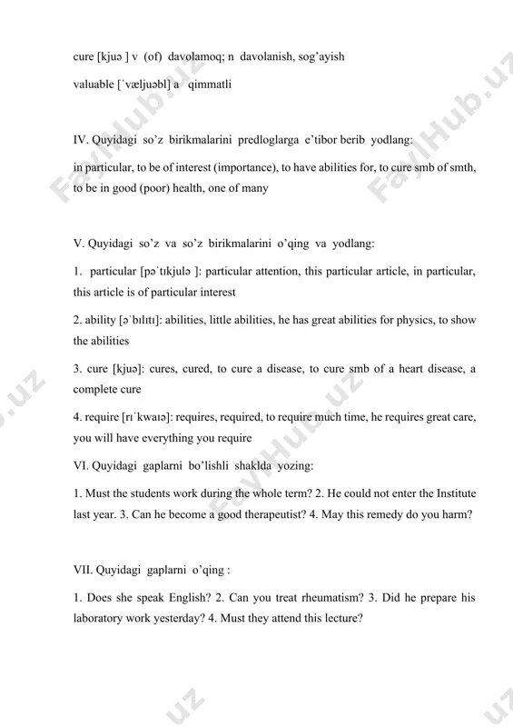 e speak english? 2. can you treat rheumatism? 3. did he prepare his laboratory work yesterday? 4. must they attend this lecture? viii. nuqtalar o’rnini kerakli so’roq so’zlar bilan to’ldiring: 1. ... do you usually read newspapers in the evening? (when?, where!) 2. ... is on the table? (who?, what?) 3. he works at the hospital. ... is he? (who?, what?) 4. ... sister is she? (which?, whose?) 5. ... has a heart disease? (who?, what?) 6. ... month is july? (which?, whose?) ix. 1. tekst c ni o’qing. 2. modal fe’llar bor gaplarni toping va tarjima qiling. 3. tekstdan ‘possible’, ‘ difficult’ , ‘ to protect’, ‘ to know’ so’zlari bilan o’zakdosh so’zlarni ko’chiring va tarjima qiling. 4. gippokrat qasamyodidagi so’zlarni yodlang. irina aleksandrovna, [12.09.2024 14:39] text c. our future profession in uzbekistan hundreds of thousands of young people study at different medical institutes. they study numerous theoretical and …