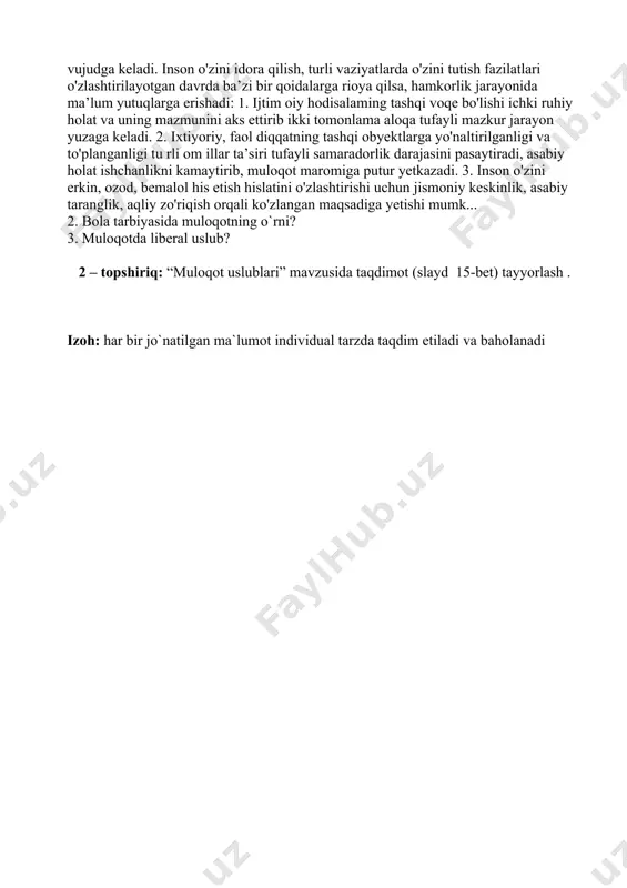 nutq ishlatiladi) va noverbal (unda nolisoniy belgilar tizimi ishlatiladi) kommunikatsiya farqlanadi. noverbal kommunikatsiya bir necha shakldan iborat: — kinetika (imo-ishora, mimika, pantomimika); — paralingvistika (ovoz lokalizatsiyalari, pauzalar); — proksemika (masofa va vaqt me’yorlari); — vizual aloqa (ko'zlar orqali aloqa); — takesika (jismoniy aloqa). ba’zida muloqotdagi individlaming hidlari ham o'ziga xos belgilar tizim i sifatida baholanadi. 2. regulatsion-kommunikativ funksiya — suhbatdoshlar xulqatvorining regulatsiya qilinishi (boshqarilishi)ni ta’minlash vazifasi. kishilar muloqot jarayonida verbal, jismoniy, noverbal yo'llar bilan bir-birining motivlariga, maqsadlariga, qaror qabul qilishiga ta’sir o'tkazishi, biror kutubxonasi harakatga undashi va harakatini nazorat qilishi, bir-birining xulq-atvoriga stimullashtiruvchi va korreksiyalovchi tarzda ta’sir ko‘rsatishi mumkin. 3.affektiv-kommunikativ funksiya — inson emotsional sohasining regulatsiya (boshqarish) qilinishini ta’minlash vazifasi. muloqot inson emotsional holatlarining eng muhim determinantasidir. chunki turlituman emotsional holatlar muloqot jarayonida paydo bo'ladi va o'zgaradi. l. a. karpenko taklif etgan tasnifga ko'ra muloqotning quyidagi vazifalari ajratiladi: — aloqa o'rnatish vazifasi — suhbatdoshni aloqaga kirishish uchun tayyorlash; — informatsion …