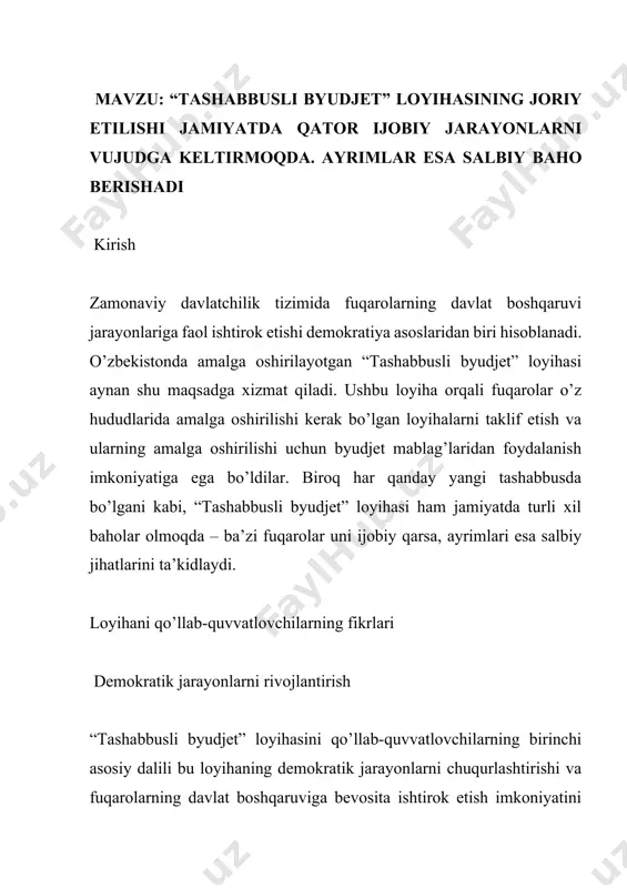 bolalar o’yin maydonchalarini qurish loyihasi buna yaqqol misoldir. mahalliy fuqarolar bolalar uchun xavfsiz o’yin joylarining etishmasligini ko’rsatib, bu muammoni hal qilish uchun konkret taklif kiritdilar va natijada 8 ta zamonaviy o’yin maydonchasi barpo etildi. loyihani tanqid qiluvchilarning fikrlari mablag’larning noto’g’ri taqsimlanishi xavfi loyihani tanqid qiluvchilarning asosiy dalillaridan biri – byudjet mablag’larining noto’g’ri va samarasiz taqsimlanishi xavfidir. ularning fikricha, fuqarolar har doim ham iqtisodiy jihatdan eng samarali yechimlarni taklif eta olmasligi mumkin. bu fikrni tasdiqlash uchun farg’ona viloyatidagi misolni keltirish mumkin, bu yerda fuqarolar tomonidan taklif etilgan ba’zi loyihalar keyinchalik texnik jihatdan amalga oshirib bo’lmasligi yoki juda qimmatga tushishi aniqlandi. natijada mablag’lar boshqa loyihalarga o’tkazilishi kerak bo’ldi. professional ekspertiza etishmasligi ikkinchi salbiy jihat – fuqarolar takliflarida professional ekspertiza va texnik bilimlarning etishmasligi. tanqidchilarning ta’kidlashicha, murakkab infratuzilma loyihalarini amalga oshirishda maxsus bilim va tajriba talab etiladi. samarqand viloyatida fuqarolar tomonidan taklif etilgan yo’l ta’mirlash loyihasi buna misoldir. loyiha dastlab sodda ko’ringan bo’lsa-da, …
