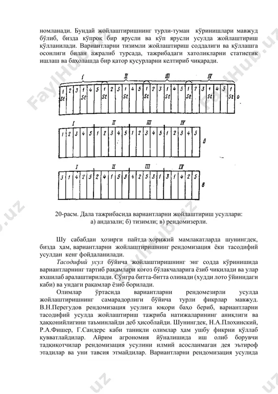 антларни тизимли жойлаштириш деб номланади. бундай жойлаштиришнинг турли-туман кўринишлари мавжуд бўлиб, бизда кўпроқ бир ярусли ва кўп ярусли усулда жойлаштириш қўлланилади. вариантларни тизимли жойлаштириш соддалиги ва қўллашга осонлиги билан ажралиб турсада, тажрибадаги хатоликларни статистик ишлаш ва баҳолашда бир қатор қусурларни келтириб чиқаради. 20-расм. дала тажрибасида вариантларни жойлаштириш усуллари: а) андазали; б) тизимли; в) рендомизерли. шу сабабдан ҳозирги пайтда хорижий мамлакатларда шунингдек, бизда ҳам, вариантларни жойлаштиришнинг рендомизация ёки тасодифий усулдан кенг фойдаланилади. тасодифий усул бўйича жойлаштиришнинг энг содда кўринишида вариантларнинг тартиб рақамлари қоғоз бўлакчаларига ёзиб чиқилади ва улар яхшилаб аралаштирилади. сўнгра битта-битта олинади (худди лото ўйинидаги каби) ва ундаги рақамлар ёзиб борилади. олимлар ўртасида вариантларни рендомезирли усулда жойлаштиришнинг самарадорлиги бўйича турли фикрлар мавжуд. в.н.перегудов рендомизация усулига юқори баҳо бериб, вариантларни тасодифий усулда жойлаштириш тажриба натижаларининг аниқлиги ва ҳаққонийлигини таъминлайди деб ҳисоблайди. шунингдек, н.а.плохинский, р.а.фишер, г.сандерс каби таниқли олимлар ҳам ушбу фикрни қўллаб қувватлайдилар. айрим агрономия йўналишида иш олиб борувчи тадқиқотчилар рендомизация …