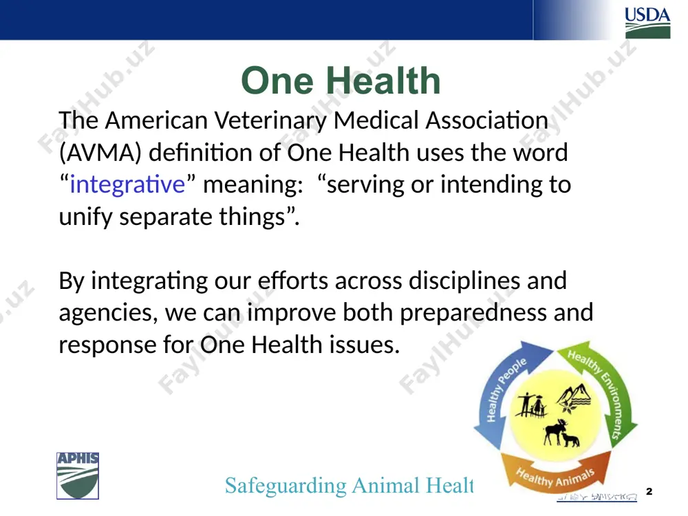 nternational meetings during the past decade that focused on the one health concept. linked health 5 one health is an important concept that is being increasingly recognized as a valuable approach to address complex problems that affect people, animals and our ecosystems. we are becoming more aware of how the health of animals (including domestic, companion, and wild animals), the health of people, and the viability of our ecosystems are linked. safeguarding animal health 5 6 safeguarding animal health 6 community involvement for a successful outcome, all sections of the community need to be involved in the process and to lend their support: individual citizens need to be aware of measures to protect and improve their own health local to national political leaders need to find and commit the resources required to implement a program. the specialist expertise is the responsibility of the medical and veterinary authorities: responsible for diagnosis, …
