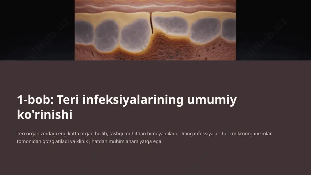 javob neutrofillar - birinchi himoya chizig'i makrofaglar - fagositoz va antigen taqdimoti limfositlar - adaptiv immunitet yallig'lanishning klassik belgilari: qizarish, shishish, issiqlik, og'riq va funktsiya buzilishi. pus hosil bo'lishi - neytrofil va bakteriyalarning to'planishi natijasi. teri infeksiyalarining klinik ko'rinishlari impetigo bullosa bolalarda eng keng tarqalgan yuqumli teri kasalligi. kichik pufakchalardan boshlanib katta bullalarga aylandi. furunkul va karbunkul soch follikulining chuqur yallig'lanishi. karbunkul - bir nechta furunkulning birlashishi. virusli pufakchalar herpes simplex va varicella-zoster viruslari suvli pufakchalar hosil qiladi. mikroskop ostida staphylococcus aureus gram-musbat kokklari gram bo'yoq bilan bo'yalganda binafsha rang oladi va uzum tupining shaklidagi klasterlar hosil qiladi. bu bakteriya ko'plab virulentlik faktorlariga ega. 3-bob: laboratoriya tashxisi – zamonaviy yondashuvlar laboratoriya tashxisi teri infeksiyalarini aniq aniqlash, qo'zg'atuvchini identifikatsiya qilish va to'g'ri davolash rejasini tuzish uchun zarur. namuna olish va transport 1 namuna olish steril asboblar bilan pufakcha suyuqligi, teri qirqimlari, pus olish 2 transport 2-8°c haroratda, 2 soat ichida laboratoriyaga …