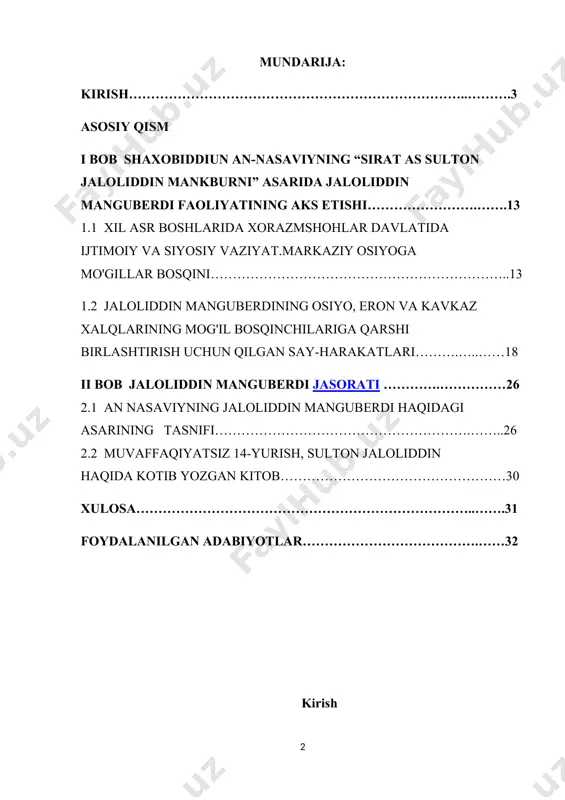 staqil fikrga ega bo‘lib, doim adolat yuzasidan ish ko‘rgan. an-nasaviyning yozishicha, xorazmshoh sulton muhammad barcha ishlarda dono vaziri shaxobiddin xivaqiy bilan maslahatlashgan va uning fikrlariga quloq solgan. mo‘g‘ullar hujumi jarayonidagi voqealar bu ulkan saltanatning siyosiy asoslari ancha bo‘sh ekanligini ko‘rsatdi. mamlakatdagi turli siyosiy kuchlar o‘rtasidagi hokimiyat uchun kurash, xalq millat uchun og‘ir kunlarda dushmanga qarshi yakdil bo‘lib birlasha olmaslik, aksincha, o‘zaro nizo, fisqu-fasodlarning yanada kuchayishi, oxir-oqibat saltanatni halokatga olib keldi. zamondoshlarini va keyingi avlod vakillarini hayron qoldirib, juda qisqa muddatda (uch yil davomida) mag‘lub bo‘lgan bu ulkan saltanatning va uning hukmdori xorazmshoh sulton muhammadning achchiq taqdiri hozirgi avlod uchun achchiq saboq bo‘lmog‘i lozim. zero, tarix saboq olish uchun…. kurs ishi maqsadi va vazifasi: bor-yog`i o`ttiz ikki yilgina umr ko`rgan bu bahodir zotning mo`tabar nomi o`z zamonasida dunyo bo`ylab qanchalar dovruq taratgan bo`lsa, oradan ko`p-ko`p asrlar o`tgach ham mardlik va ozodlik uchun kurash, el-yurtga fidoyilik timsoli sifatida yashab kelmoqda. uning qahramonligi …