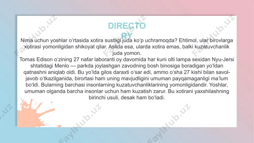 stida ishlasa o’zlashtirishning eng yuqori cho’qqisiga erishishi mumkin. o’zlashtirishning ichki faktlaridan yana biri berilayotgan materialni ta’lim oluvchi tomonidan tushunishdir. chunki ta’lim oluvchi mavzuni tushunmasa, qancha o’z ustida ishlamasin, oldingi mavzular bilan bog’liq bo’lmasa, mavzuning o’zlashtirilishi sodir bo’lmaydi va juda sayoz bo’ladi. qabul qilishning tashqi faktorlari. o’quv materialini qabul qilishning asosiy faktorlari asosan o’quv materialining mazmuniga bog’liq bo’ladi. uning qiyinligi, o’quv materialida qo’llaniladigan texnik materiallar aniq vaabstraktligiga, amaliyotga bog’liqligiga qarab farq qiladi. directory 5 eslab qolish. o’quv materialini qabul qilishning eng muhim komponenti bu yangi materialni eslab qolishi vaxohlagan vaqtda uni nazariy vaamaliy qo’llay olishdir. ta’lim oluvchi o’quv materiali bilan faol ishlaganda uni yaxshi eslab qolib, samarali qo’llaydi. eslab qolishning eng asosiy samaradorligi ta’lim oluvchining irodaviy xususiyatlariga bog’liq. bilimlarni qo’llashda ko’nikma va malakalarni shakllantirish. bizga ma’lumki bilimlarni amaliy faoliyat davomida qo’llay bilish, bilimlarni egallaganlik darajasini ko’rsatadi. nazariy bilimlarni amaliyotda qo’llay bilish, ya’ni laboratoriya ishlarini bajarish davomida egallagan bilimlar asosida uy vazifasini …