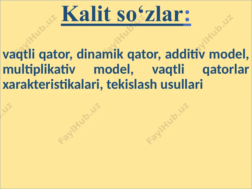 ajasini statistik ketma-ketligi kо‘rinishida bо‘lgan qatorlar darajasi tushuniladi. hodisalarning vaqt davomida o‘zgarishini ta’riflovchi statistik ko‘rsatkichlar qatori vaqtli qator deb yuritiladi. vaqtli qatorning asosiy elementlari: vaqt ko‘rsatkichi - t qator darajasi - u vaqt ko‘rsatkichidan bog‘langan holda vaqtli qatorlar momentli (ma’lum bir sanaga) va intervalliga (ma’lum bir davr ichida) tasniflanadi (klassifikatsiyalanadi). vaqtli qatorlar quyidagilar bilan xarakterlanadi: - uzoq muddatli harakat yo‘nalishi, ya’ni umumiy asriy tendentsiya; - qisqaroq davrlarga xos siklik yoki lokal o’zgarishlar; - ayrim yillarga tegishli tebranishlar; - mavsumiy to‘lqinlar; - kon’yunkturaviy tebranishlar. tendensiya va siklik tebranishlar mavjud bo‘lgan dinamik qatorlarda qatorning har bir keyingi darajasi o‘zidan oldingisiga bog‘liq. dinamik qatorlarning ketma-ket darajalari orasidagi korrelyatsion bog‘lanish qator darajalari avtokorrelyatsiyasi deyiladi. avtokorrelyatsiyani berilgan chiziqli dinamik qator darajasi bilan shu qatorning vaqt bo‘yicha bir nechta qadamga surilgan darajasi orasidagi korrelyatsiya koeffitsienti yordamida miqdoriy jihatdan o‘lchash mumkin. avtokorrelyatsiya hisoblangan davrlar soni lag (vaqt bo‘yicha kechikish) deb ataladi. orqada qolgan davrning ortib borishi bilan …